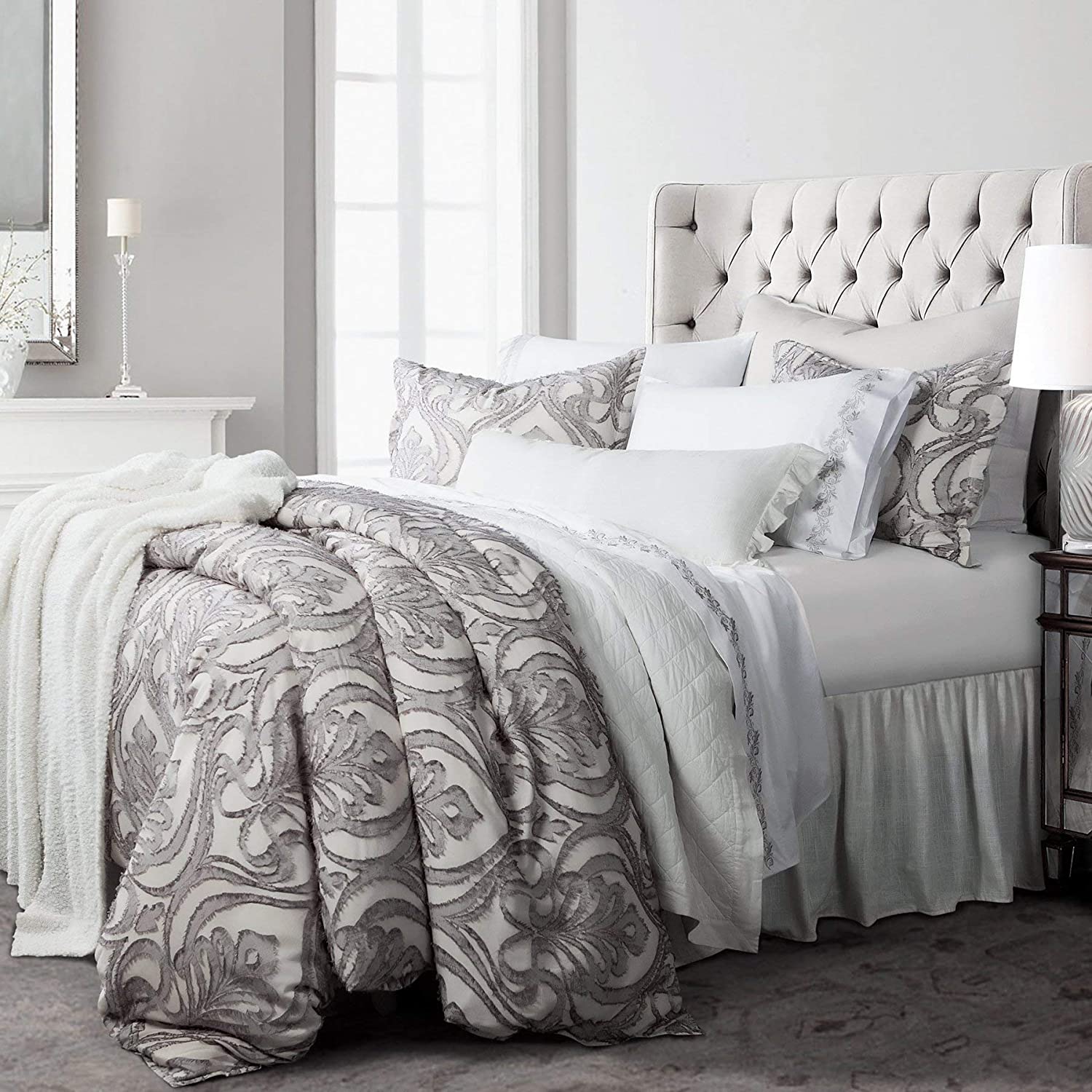 Price:$220.00 Accents Nicole Vintage Cotton Bedding 3-PC Duvet Cover Set, Gray Damask Eyelash Fringe, Super King : Patio, Lawn & Garden