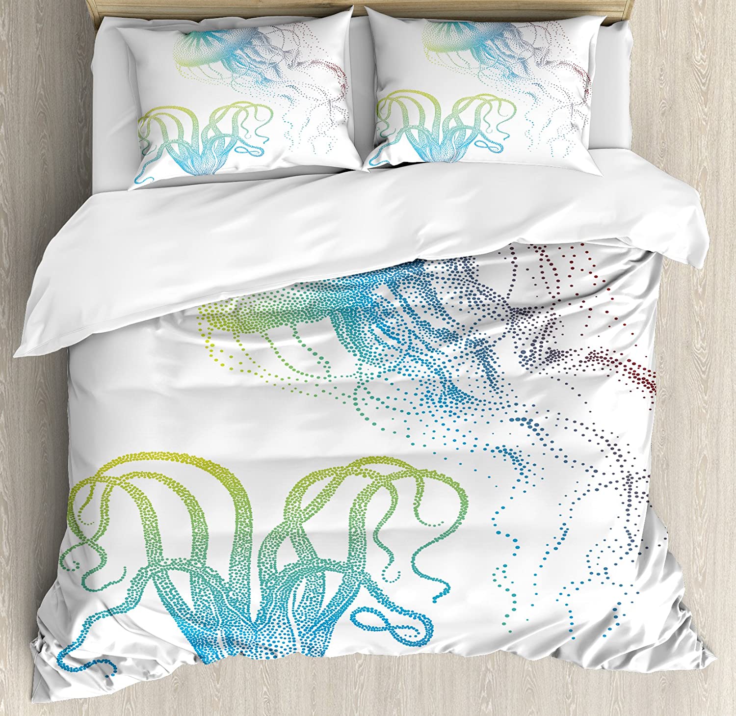 Price:$41.99 Octopus Duvet Cover Set, Octopus and Jellyfish Illustration Nautical Themed Art Underwater Wildlife Marine, Decorative 3 Piece Bedding Set with 2 Pillow Shams, Queen Size, White Blue : Home & Kitchen
