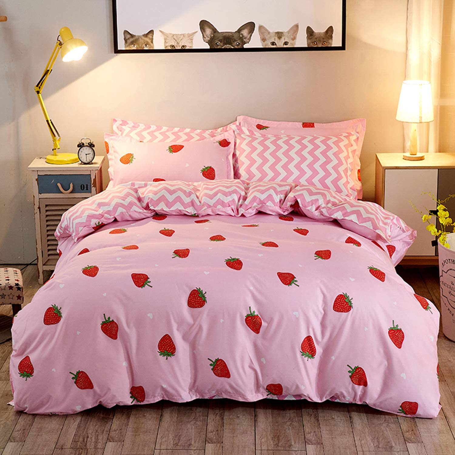 Price:$29.80 Duvet Cover Set King Size Strawberry Pink Stripes Reversible Luxury Soft Bedding Set Comforter Cover with Zipper Closure and Corner Ties (1 Duvet Cover+2 Pillowcases)(King（104X90） inch)… : Home & Kitchen