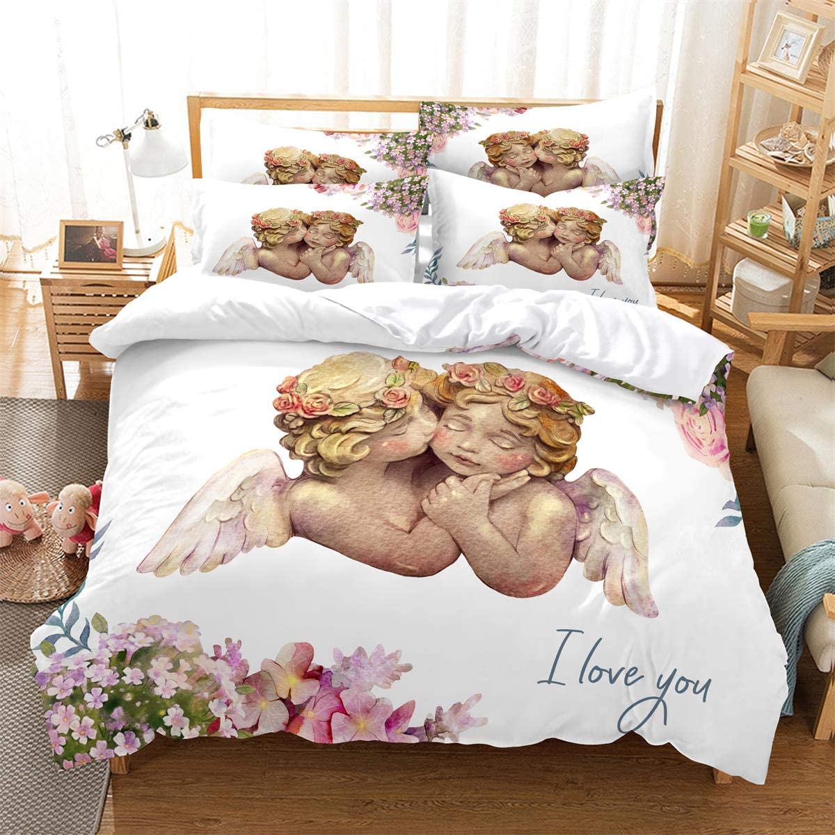 Price:$41.99 3D Wing Angel Flower Bedding Pillowcases Quilt Duvet Cover Set Queen Size : Home & Kitchen