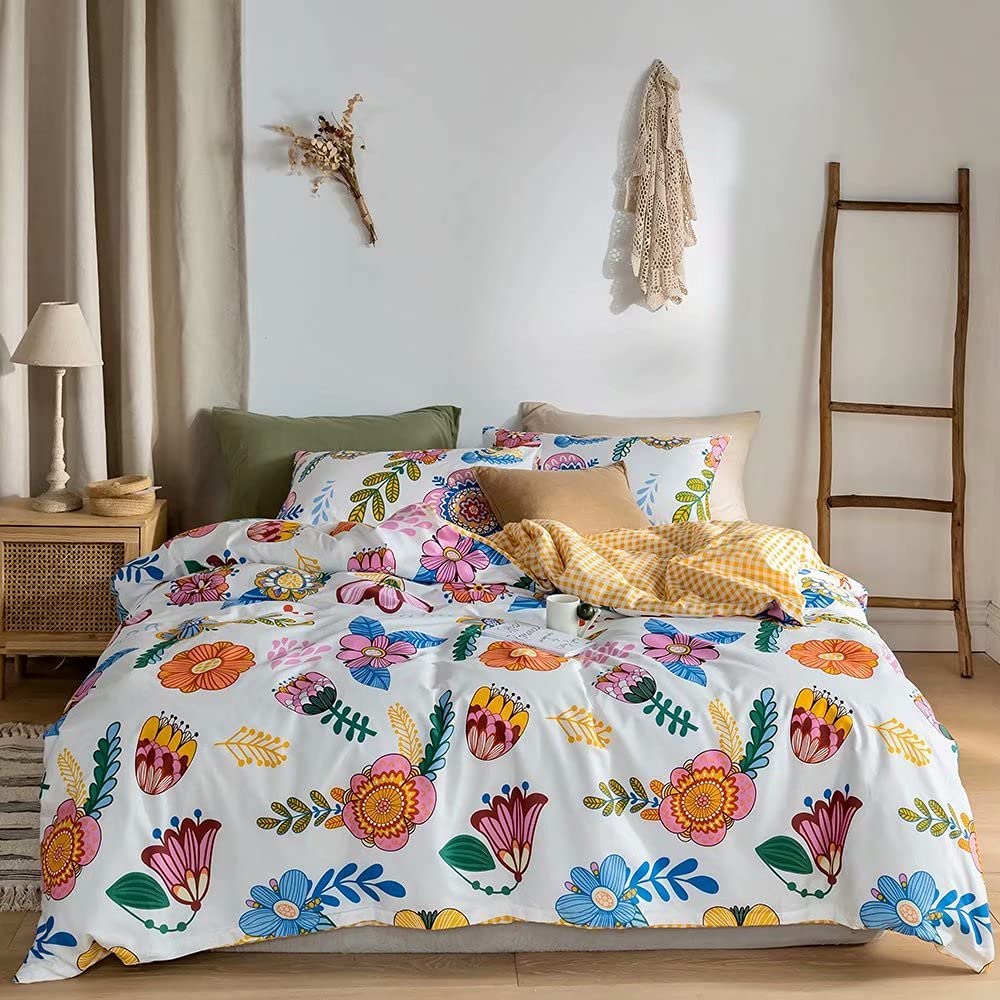 Price:$29.98 Flower Duvet Cover Set Full Queen Size100% Cotton Cartoon Colorful Flowers Branches Floral Garden Print on White Bedding Reversible Plaid Soft Breathable Comforter Cover Set : Home & Kitchen