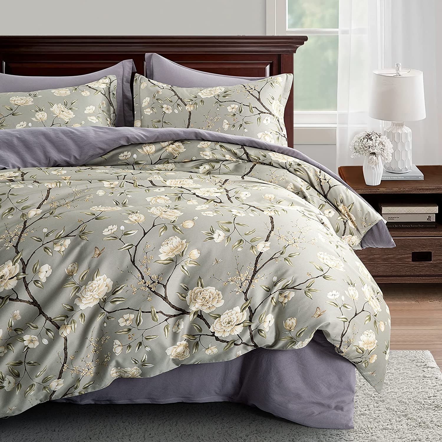 Price:$68.80 Botanical Bedding Garden Camellia Flower Print 400tc Cotton Sateen French Country Style Duvet Cover Set (Twin, Agate Grey) : Home & Kitchen