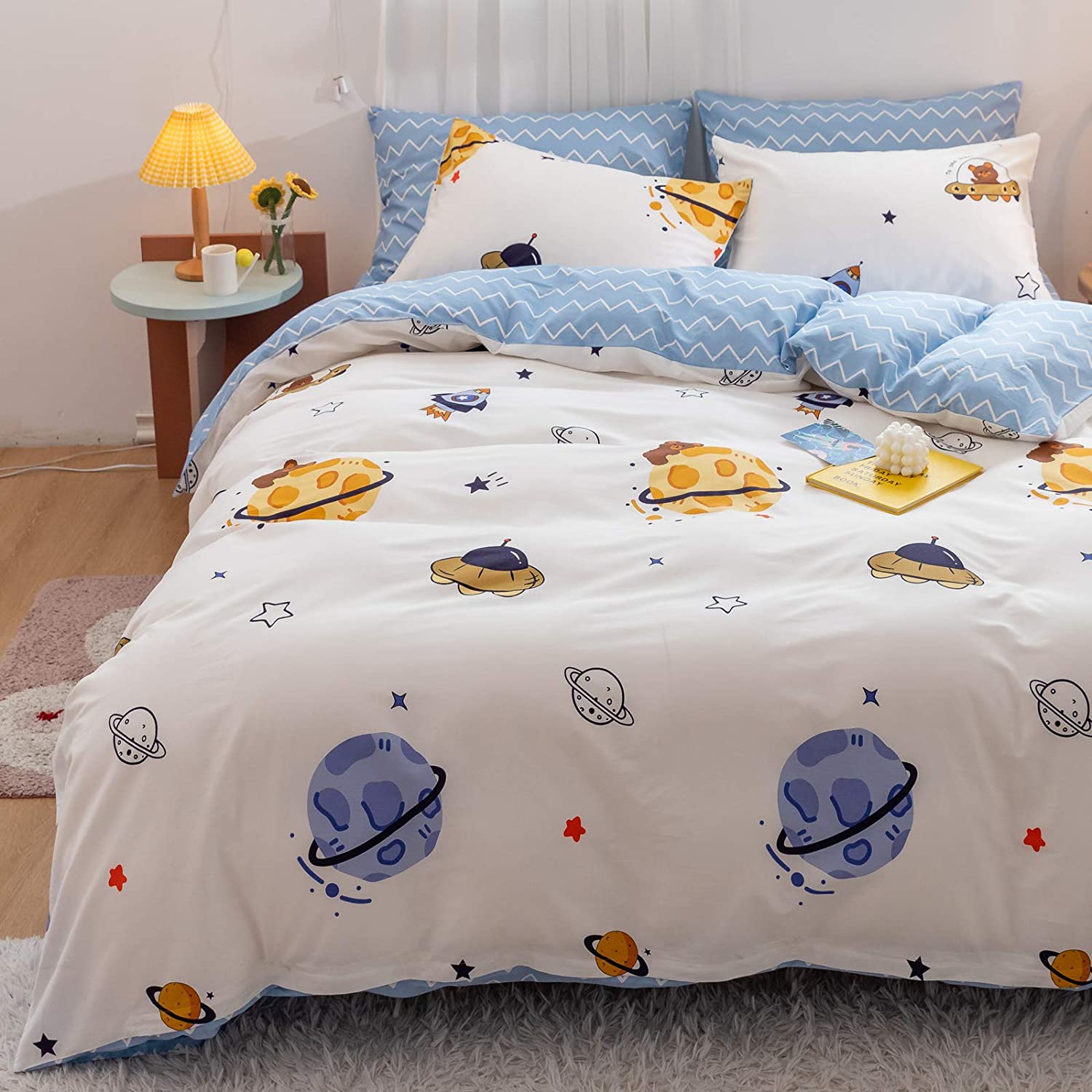 Price:$51.05 Star Duvet Cover Set Queen 100% Cotton Cartoon Space Rockrt Universe Planet on White Blue Bedding 1 Spaceship Comforter Cover Full Zipper Ties 2 Pillowcases for Kids Teens Boys Girls Women : Home & Kitchen