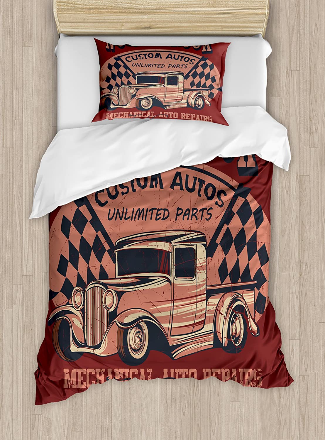 Price:$59.99 Man Cave Duvet Cover Set, North Truck Mechanical Auto Repairs Custom Autos Vintage Advertising, Decorative 2 Piece Bedding Set with 1 Pillow Sham, Twin Size, Black Maroon : Home & Kitchen