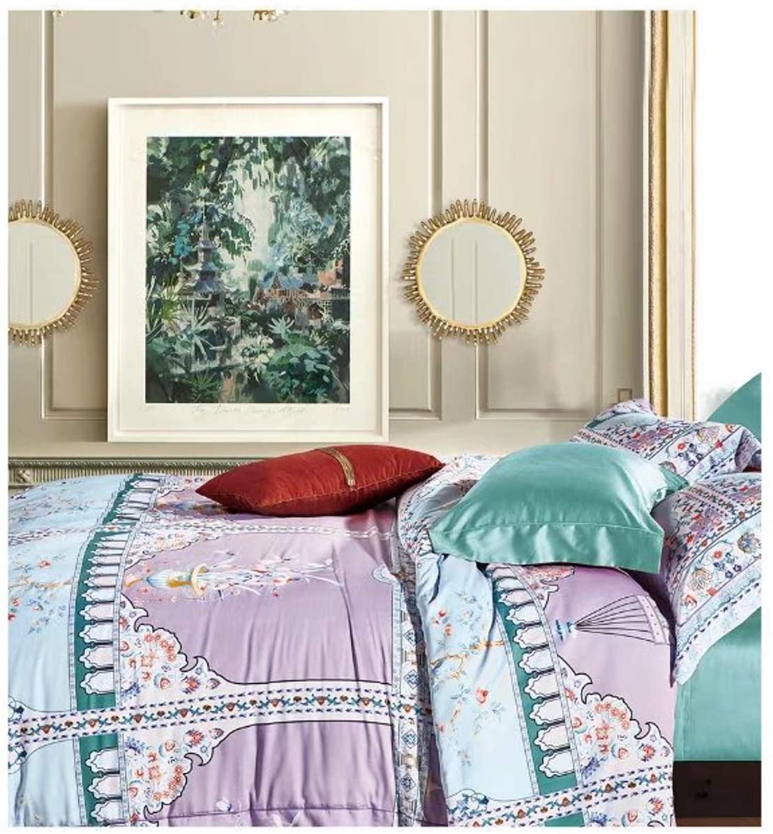 Price:$98.80 Duvet Cover Vintage Portuguese Tiles Multicolored Azulejos Medallion Denim Blue Pattern 3 Piece Cotton Bedding Set (King, Pastel Lilac) : Home & Kitchen