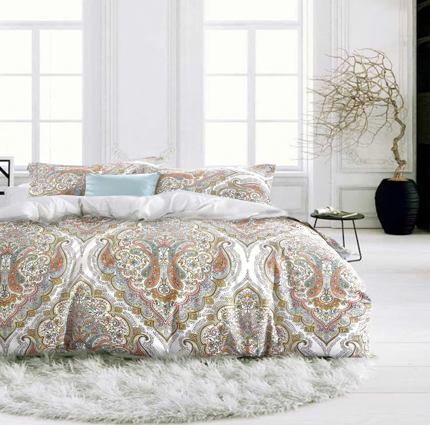 Price:$84.80 Boho Chic Paisley Scroll Duvet Quilt Cover Bohemian Damask Medallion Print Bedding Set 100% Cotton Elegant Moroccan Tapestry Style Design (Queen, Peach) : Home & Kitchen