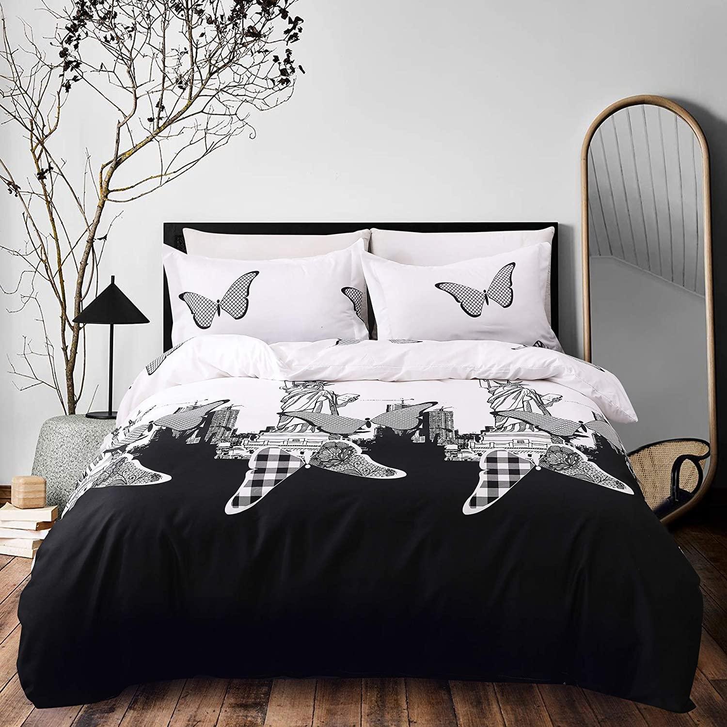 Price:$24.99 City Series Black and White Butterfly New York Statue of Liberty Lightweight Reversible Bedding Set Soft 3Pcs Duvet Cover Set(1 Duvet Cover + 2 Pillow Shams)(King,New York) : Home & Kitchen