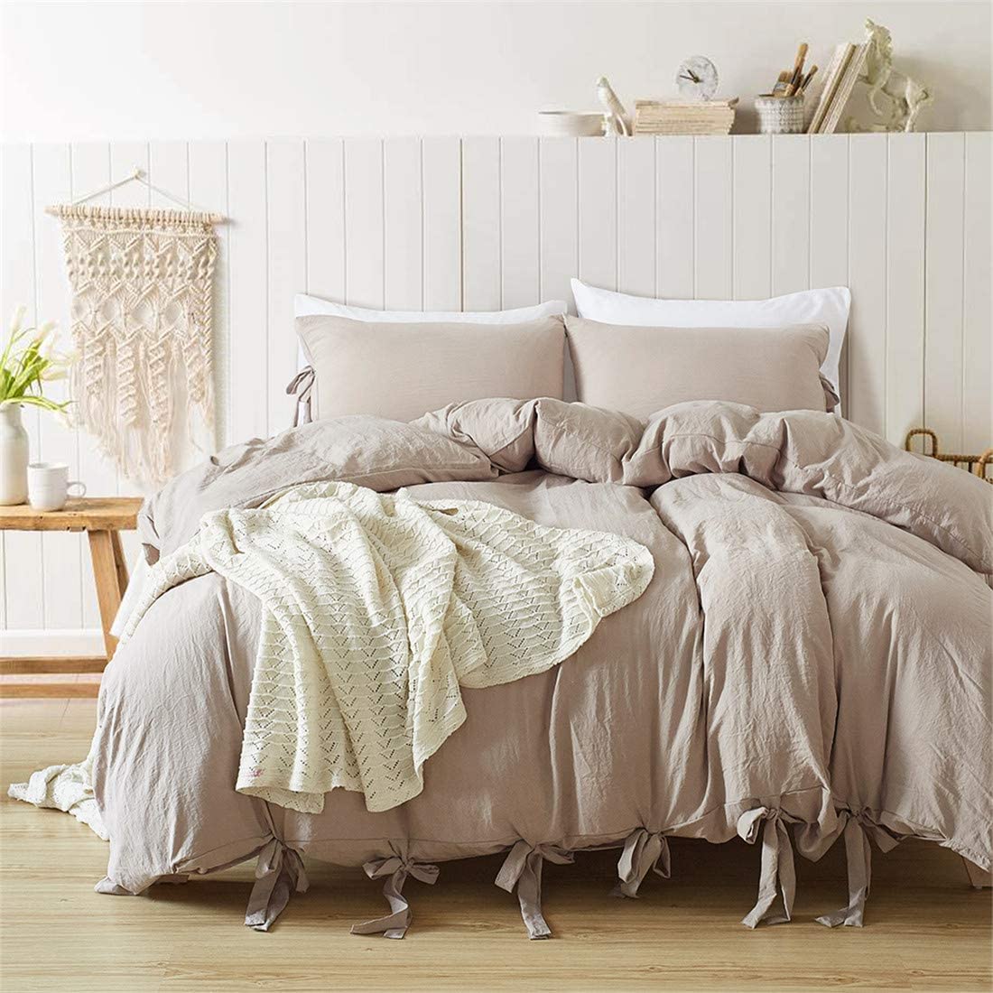 Price:$29.00 Washed Cotton Duvet Cover King Soft 3 Pieces Bedding Set with Tie Closure Full/Queen Size (King, Champagne) : Home & Kitchen