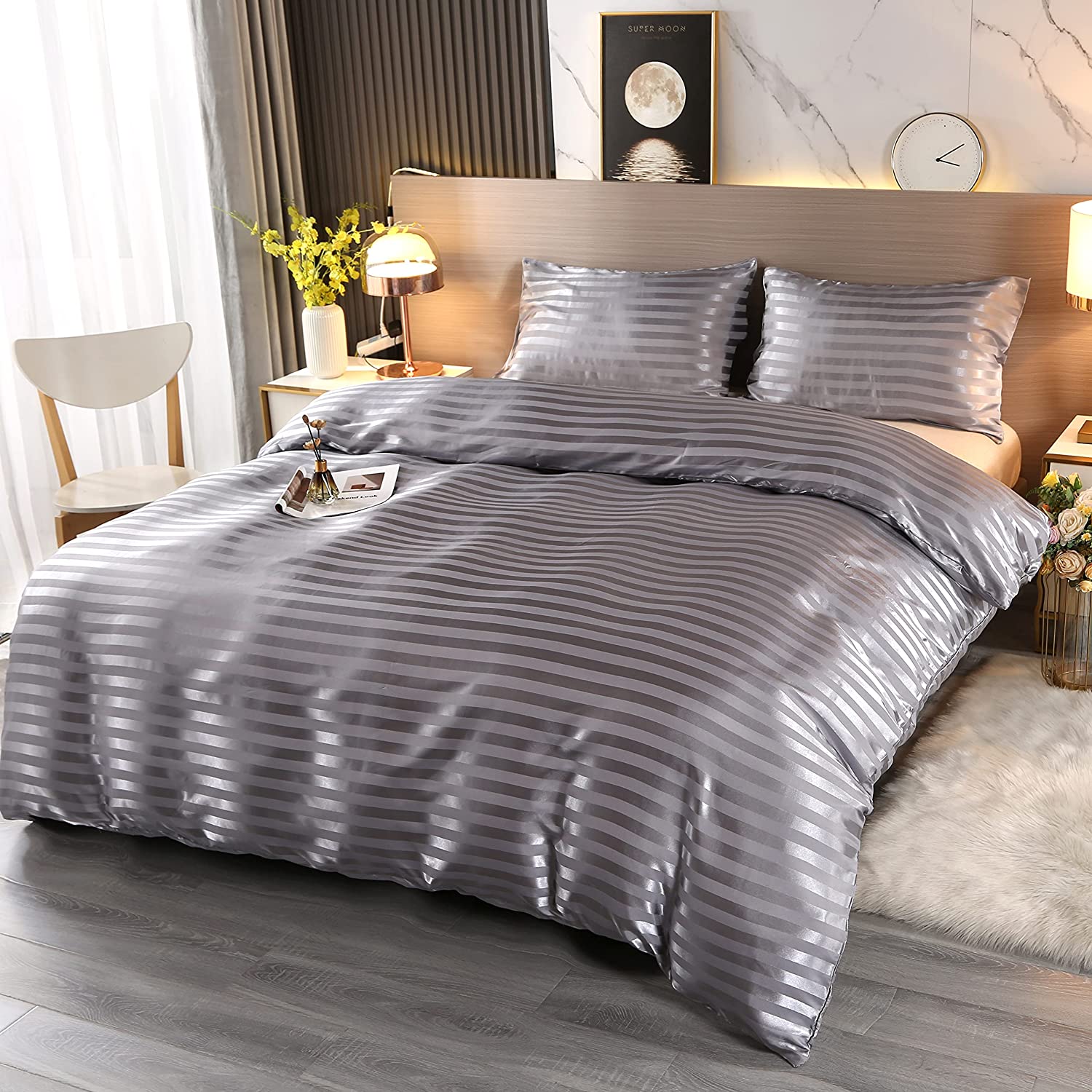 Price:$26.80 Microfiber Silky Soft Duvet Covers Set, 3 Pieces 1 Duvet Cover and 2 Pillowcases Queen Size Stripes Satin Bedding Set Comforter Cover Set with Zipper Closure : Home & Kitchen