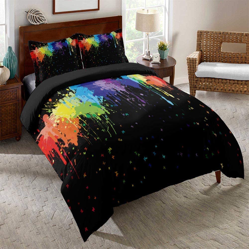 Price:$56.99 Rainbow Doodle Duvet Cover King,3- Pcs Girls Colorful Butterfly Print Bedding Set,Rainbow Tie Dye Bed Set,Soft Black Microfiber Quilt Set with Zipper(1 Duvet Cover+2 Pillow Sham) : Everything Else