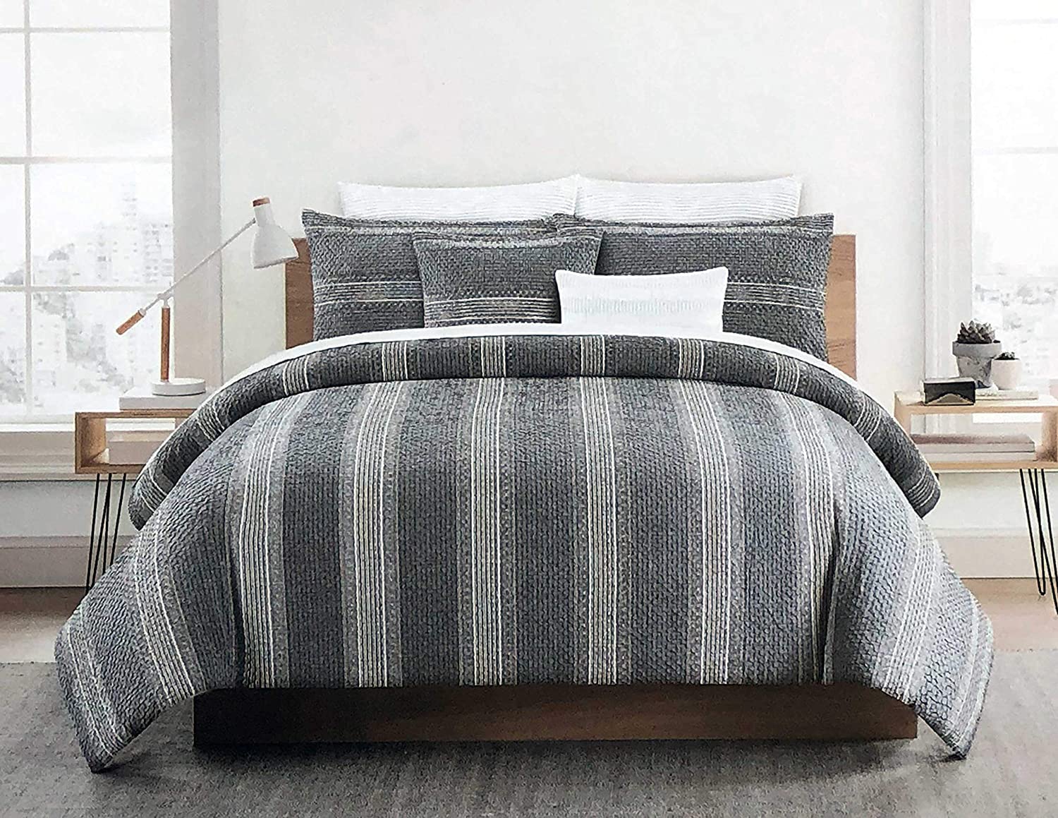 Price:$119.99 Texture Collection 3pc Duvet Cover Set Vertical Stripes in Shades of Gray and White Vintage Retro Farmhouse Style Ruched Bubble Texture (King) : Home & Kitchen