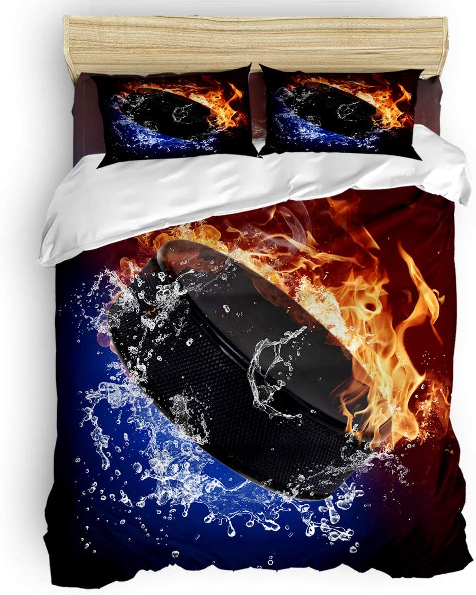 Price:$49.00 3-Piece Bedding Sets, Ice Hockey Print Fire Lightning Comforter Set - Duvet Cover, Pillow Cases for Childrens/Kids/Teens/Adults, Queen Size : Home & Kitchen