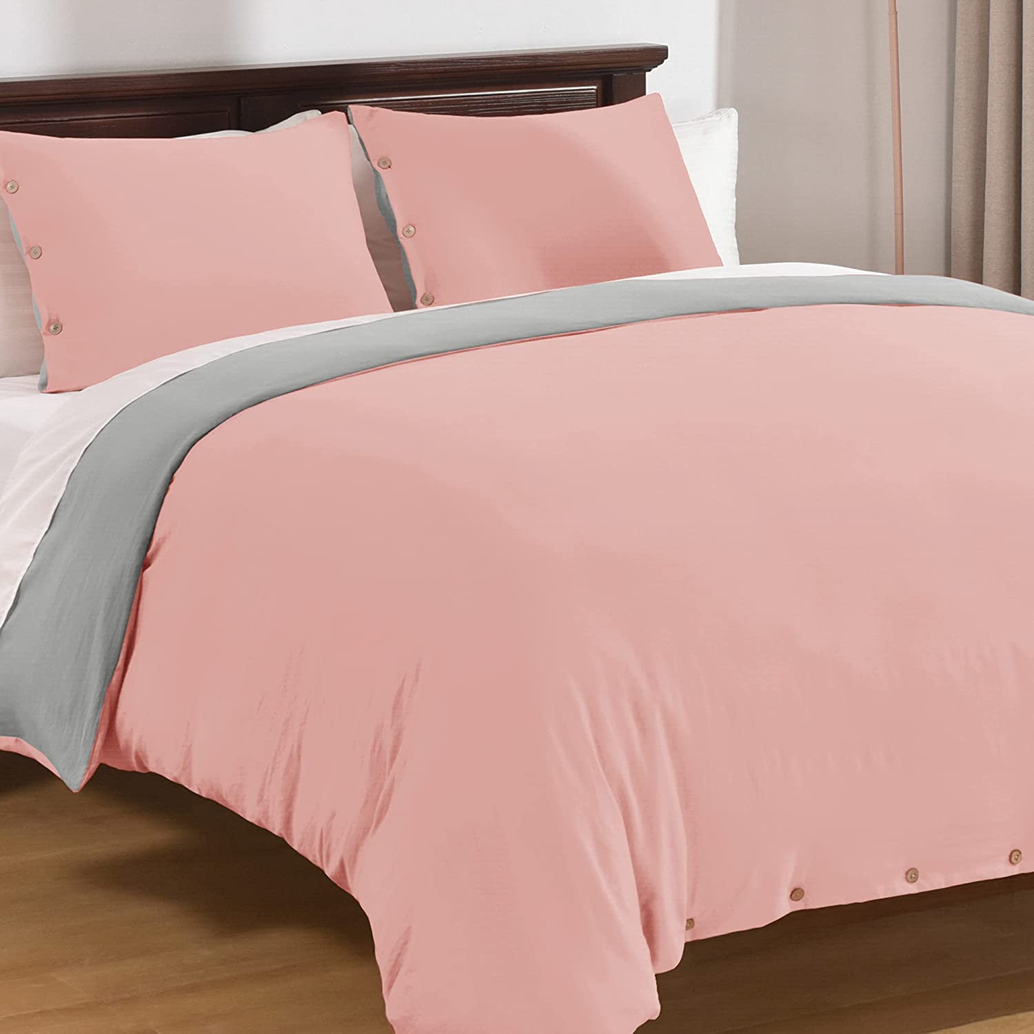 Price:$20.99 Beyond Duvet Cover King Size, Washed Microfiber Coral Pink/Grey Duvet Cover Set with Coconut Button Closure - 3 Pieces (1 Duvet Cover & 2 Pillowcases) : Home & Kitchen