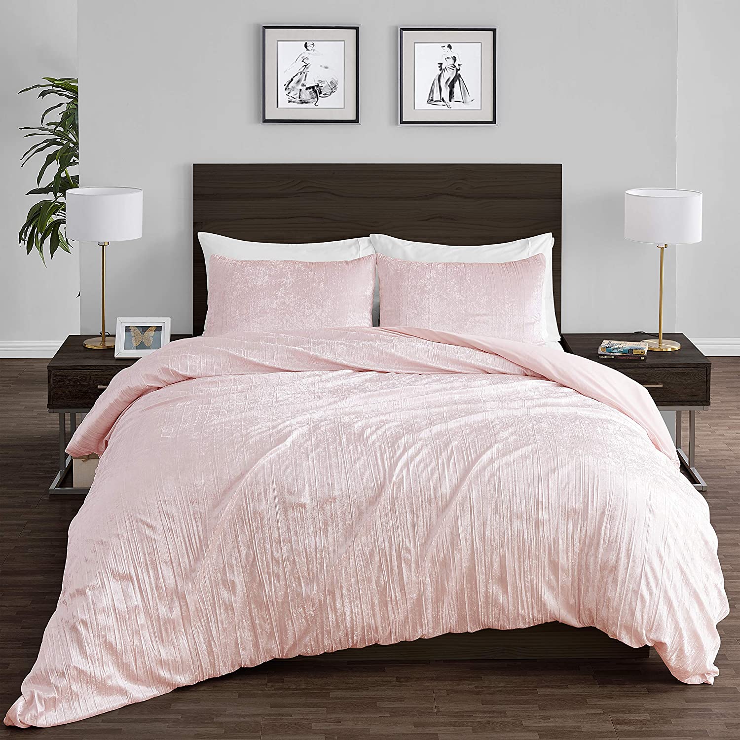 Price:$69.99 Crinkle Velvet Blush Light Pink Metallic Crush Boho Chic Textured Glam Duvet Comforter Cover and Sham 3p Full Queen Size Bedding Set Solid Shiny Luxury Modern Bohemian Teen Bed Bedspread Quilt : Home & Kitchen