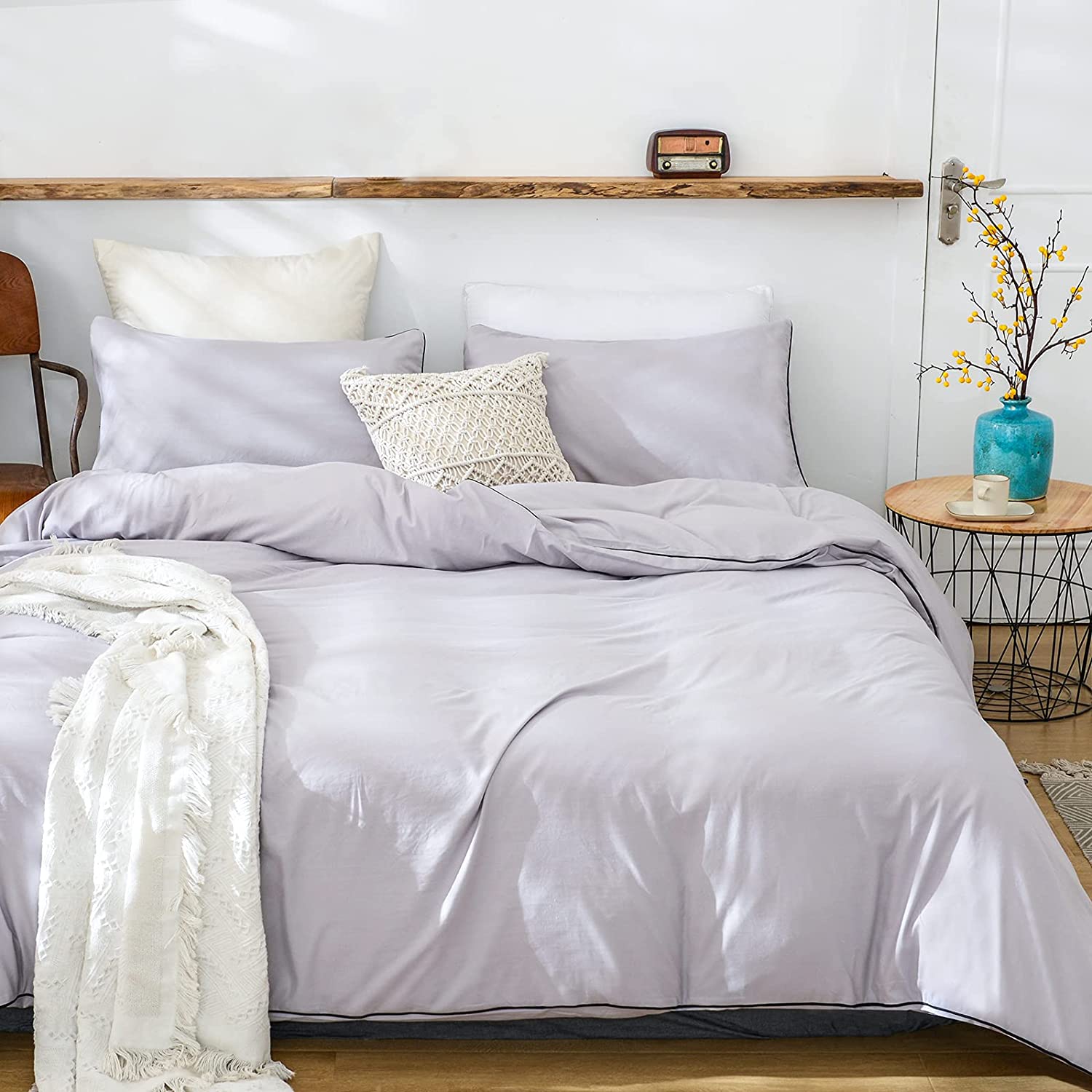 Price:$12.99 100% Washed Polyester Duvet Cover Queen, 3pcs Bedding Duvet Cover Set, Washed Cotton Effect, Solid Color Soft and Breathable with Zipper Closure & Corner Ties, Light Grey (Embedded Rope) : Home & Kitchen