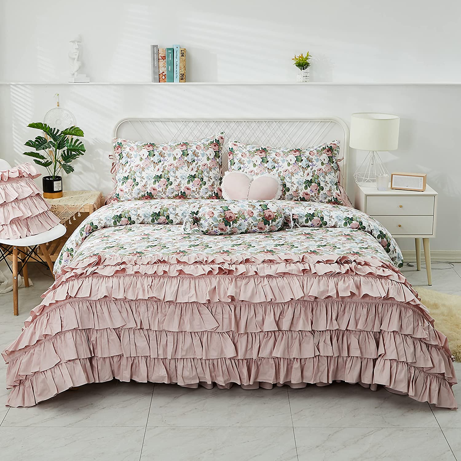 Price:$169.00 Floral Duvet Cover Sets Queen Size, 100% Cotton Shabby Pink Rose Pattern White Bedding, Romantic Style Garden Flower Farmhouse Bedding Set 7 Pieces : Home & Kitchen