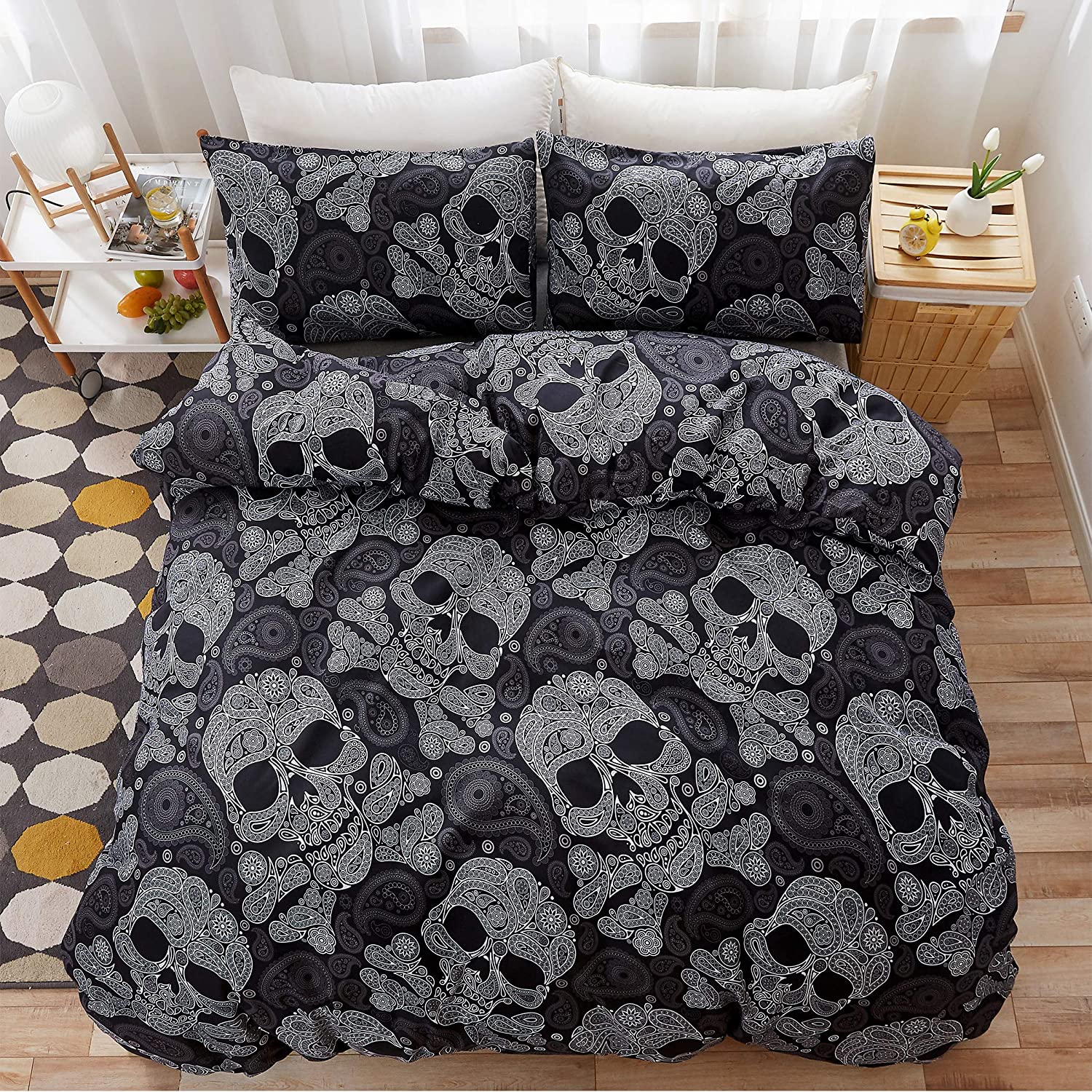 Price:$28.98 Halloween Decor Duvet Cover Set Queen Size Black Skull Skeleton/Paisley Floral Pattern Luxury Soft Bedding Set Comforter Cover (1 Duvet Cover+2 Pillowcases) : Home & Kitchen