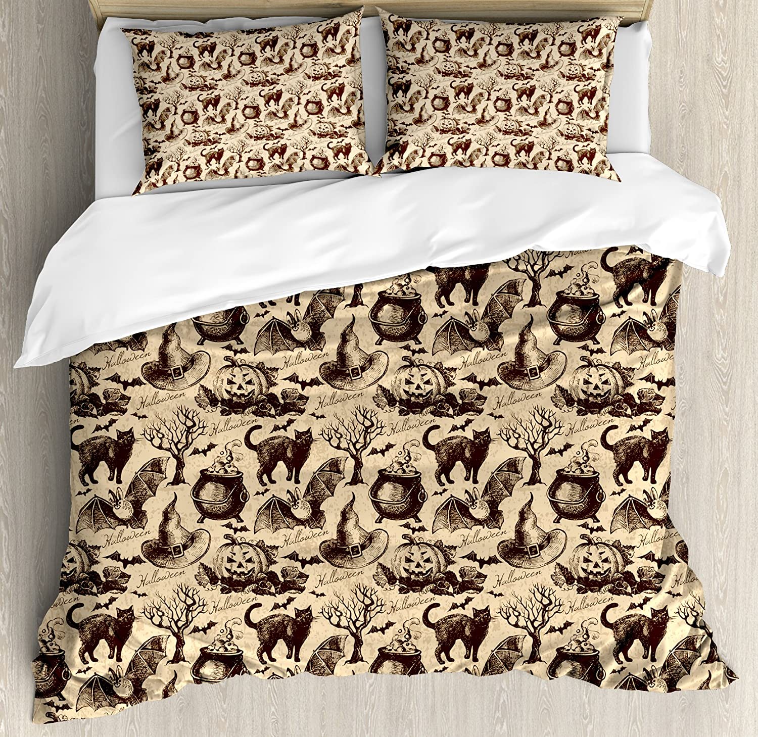 Price:$47.98 Vintage Halloween Duvet Cover Set, Halloween Witch Hat Cauldron Fall Jack o' Lantern Black Cat, Decorative 3 Piece Bedding Set with 2 Pillow Shams, Queen Size, Brown : Home & Kitchen