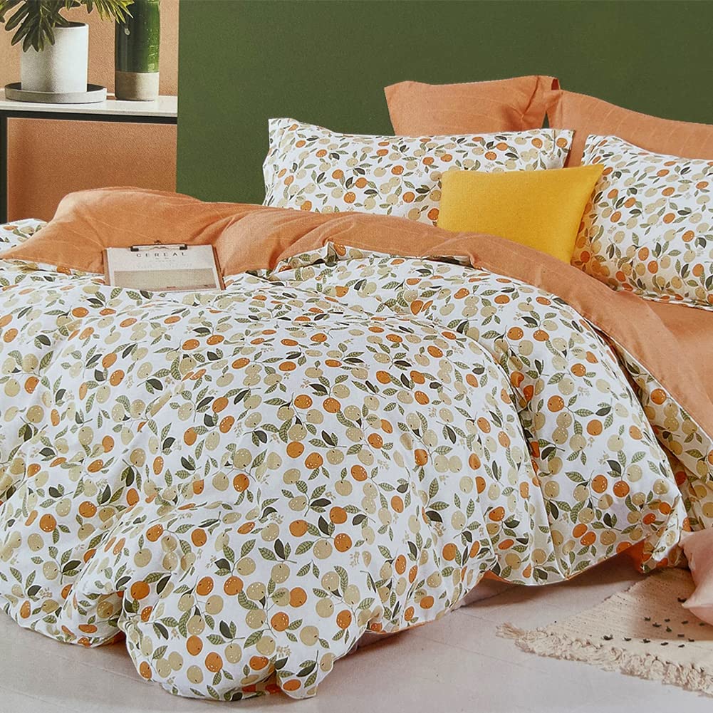Price:$46.99 100% Cotton Fruit Duvet Cover Twin Size Botanical Orange Green Leaves Pattern Printed Bedding Set Reversible Stripe Orange Quilt Cover with Zipper Ties for Kids Women : Home & Kitchen