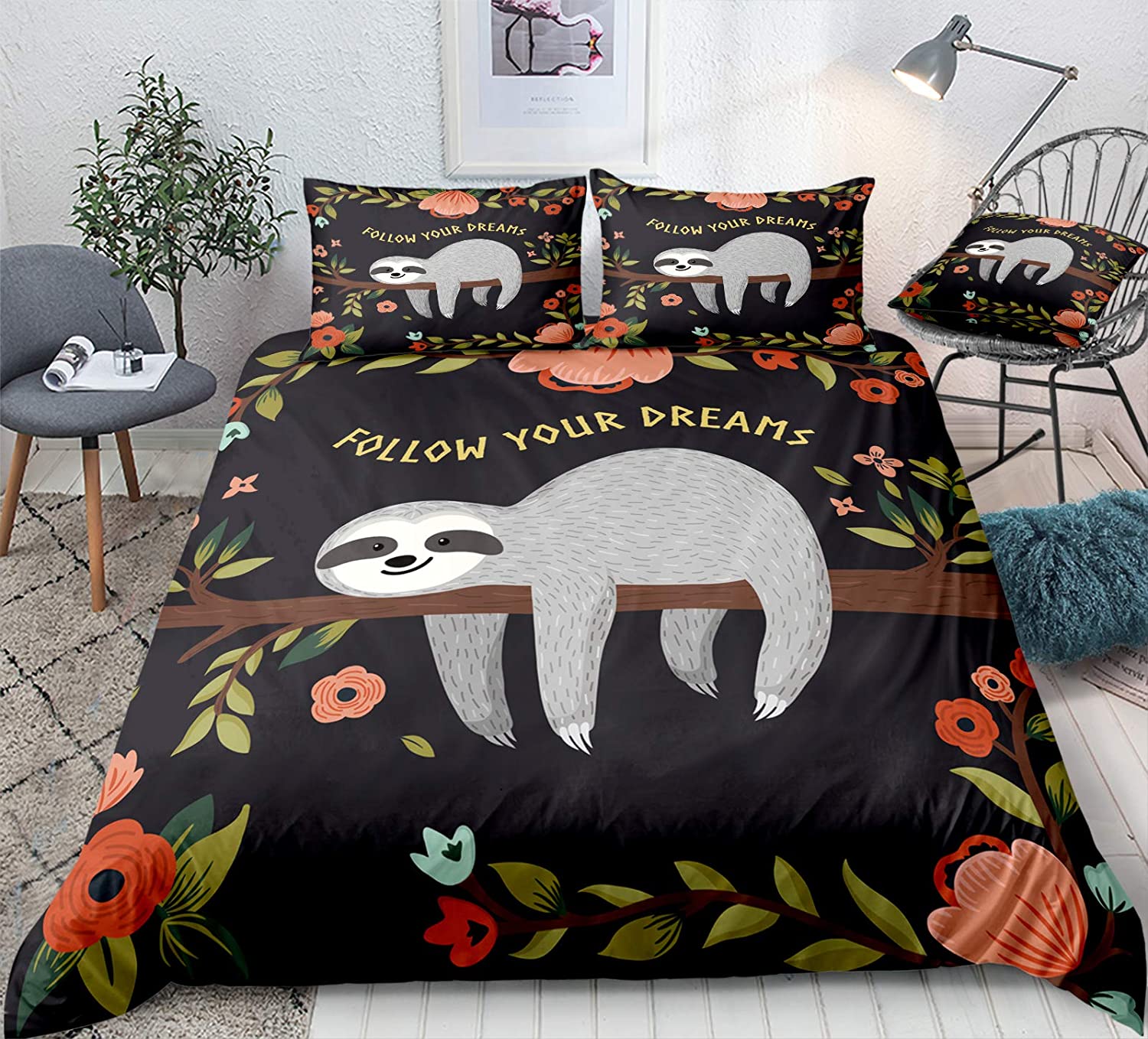 Price:$44.99 Bedding Flowers Duvet Cover Set Flowers Printed Design Boys Girls Animal Bedding Sets Twin 1 Kids Duvet Cover 1 Pillowcase (Twin, Flower Sloth) : Home & Kitchen