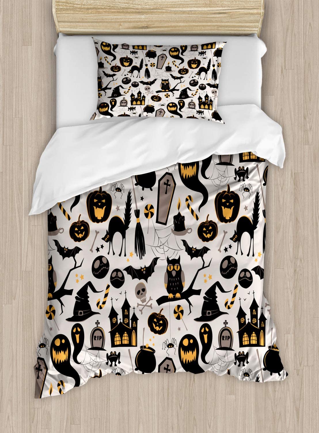 Price:$35.98 Vintage Halloween Duvet Cover Set, Halloween Cartoon Jack o' Lantern Tombstone Skulls and Bones, Decorative 2 Piece Bedding Set with 1 Pillow Sham, Twin Size, Pale Grey : Home & Kitchen