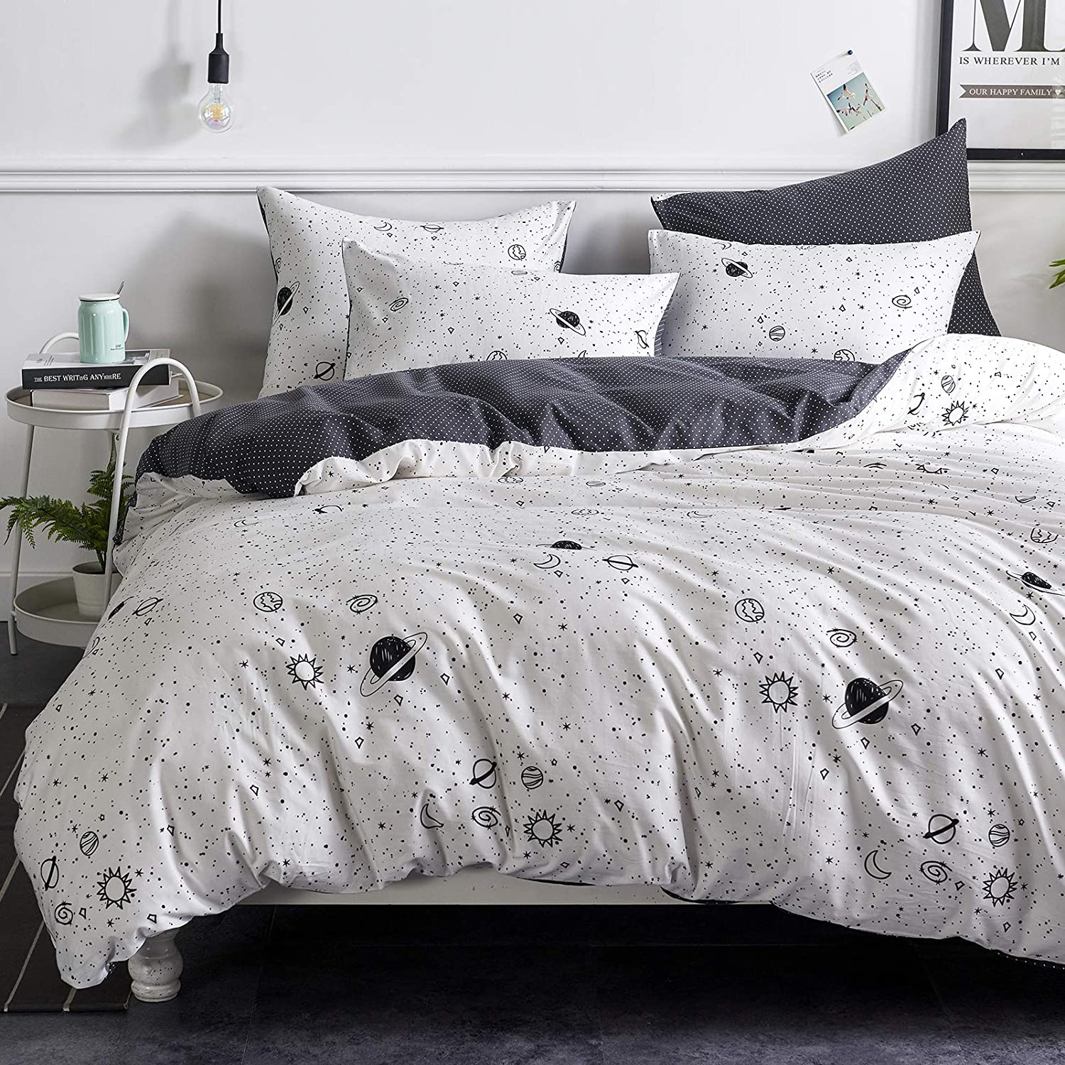 Price:$39.99 Galaxy White Cotton Duvet Cover Set, 3pcs Zipped Aesthetic Bedding Duvet Covers with Corner Ties, Printed Comforter Cover Size in Twin Queen King(King Size) : Home & Kitchen