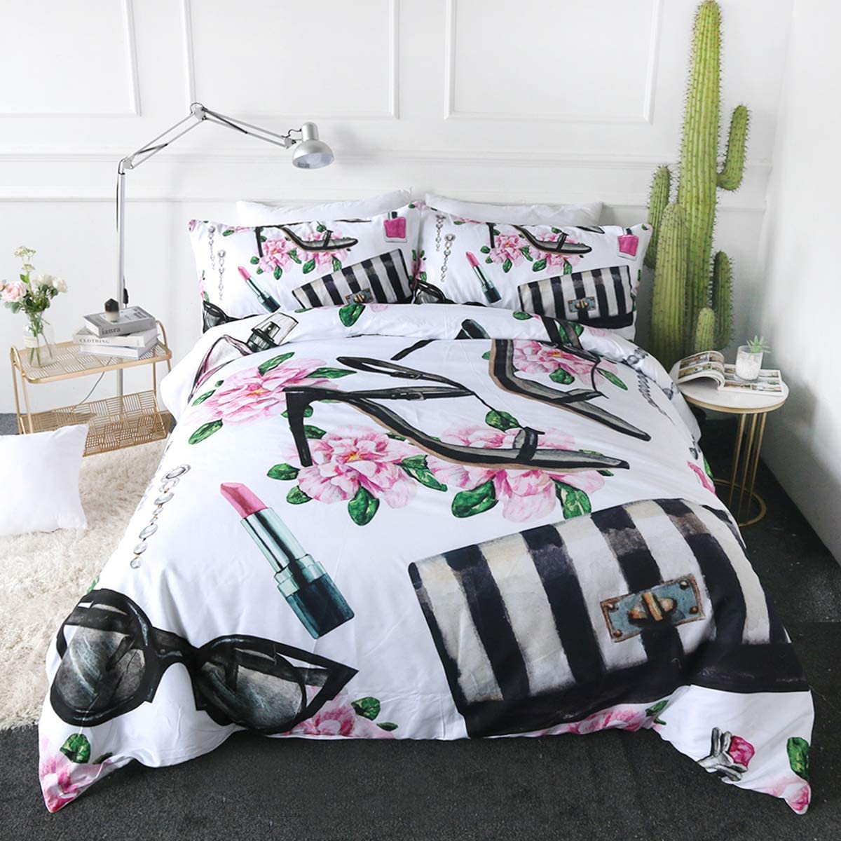 Price:$45.58 Fashion Duvet Cover Set Modern Bedding Sets High Heel Shoes Perfumes Lipstick Sunglasses Watercolor Female Pattern 3 Pieces Stylish Bed Set for Teen Girls (Queen) : Home & Kitchen