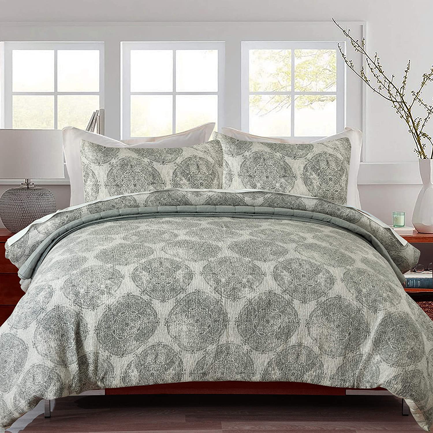 Price:$39.99 300 GSM Washed Textured Cotton Duvet Cover Set, 3 Piece - Distressed Medallion Grey, Full/Queen : Home & Kitchen