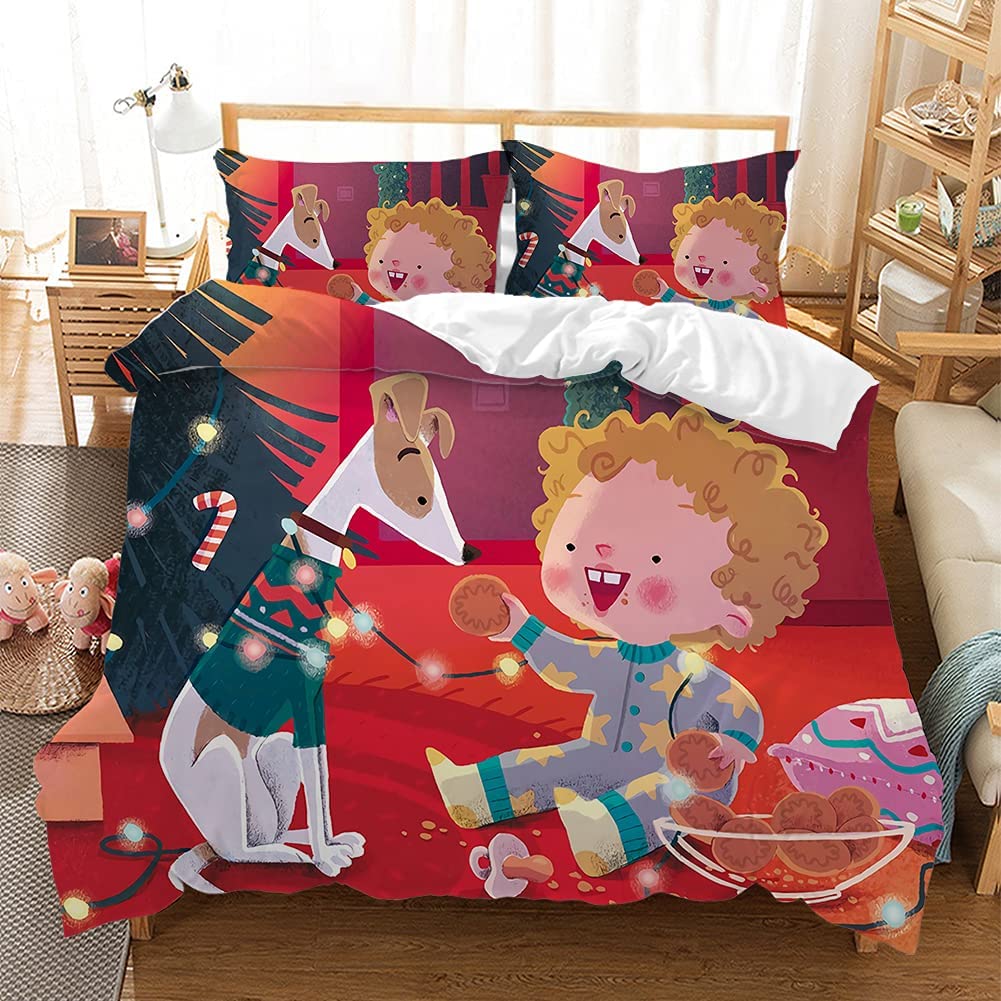 Price:$18.99 Cover Christmas Bedding Set Full Size Winter Quilt Cover with 2 Pillowcase Set Red, Cute Cover Set for Children- Puppy & Child, 78"x85" : Home & Kitchen