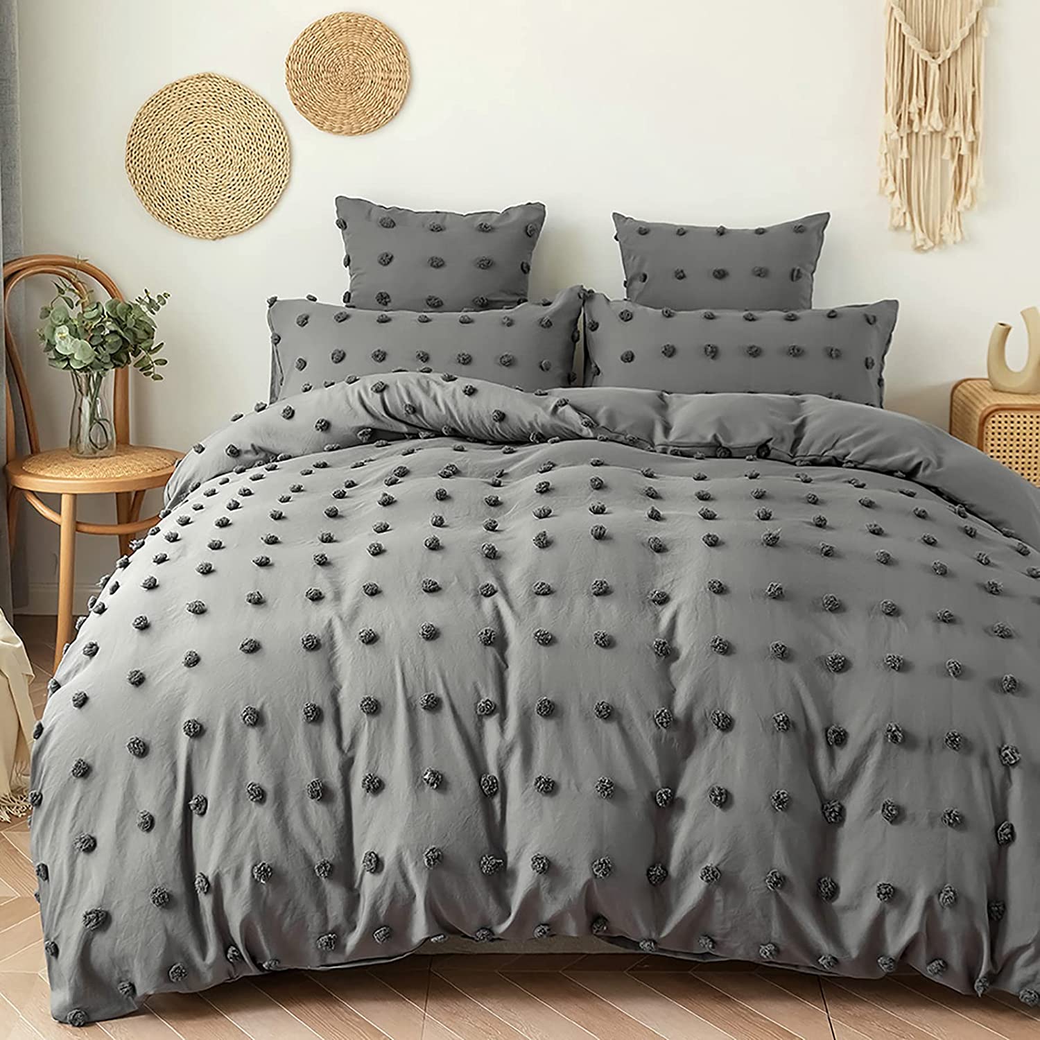 Price:$36.99 Gray Tufted Dot Duvet Cover Set Queen Size(90x90in),3Pcs Soft Microfiber Boho Bedding Cover Set with Zipper Closure and Corner Ties (1 Duvet Cover+2 Pillowcases) : Home & Kitchen
