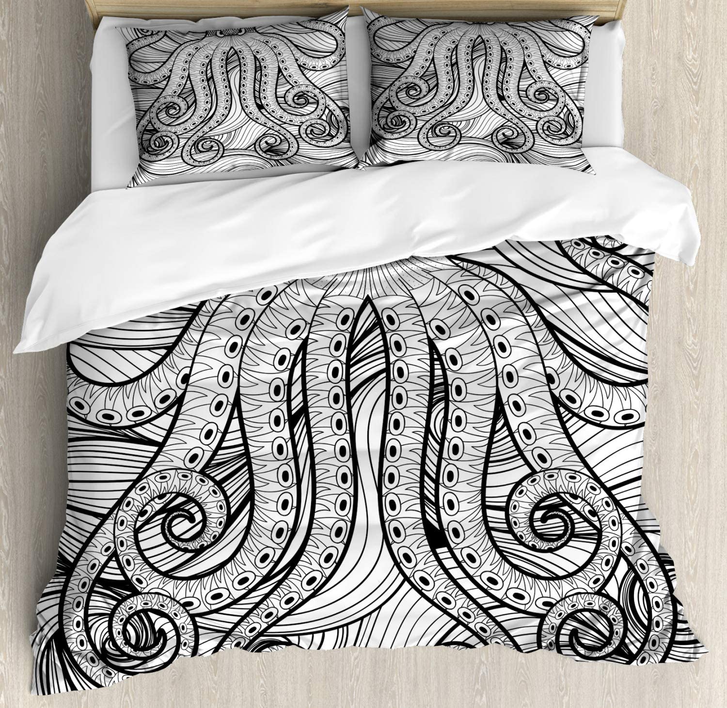 Price:$79.95 Octopus Duvet Cover Set, Kraken Octopus in The Sea Mandala Style Pattern Tentacles Marine, Decorative 3 Piece Bedding Set with 2 Pillow Shams, Queen Size, Black and White : Home & Kitchen