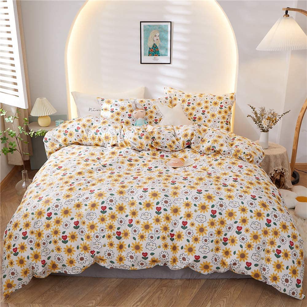 Price:$59.99 3 Pcs Yellow Flower Bedding Duvet Cover Set Kids Twin，100% Cotton Sunflowers Flower Leaves Pattern Printed Reversible Bedding Set，1 Duvet Cover 2 Pillowcases（Twin Size,Sunflower） : Home & Kitchen