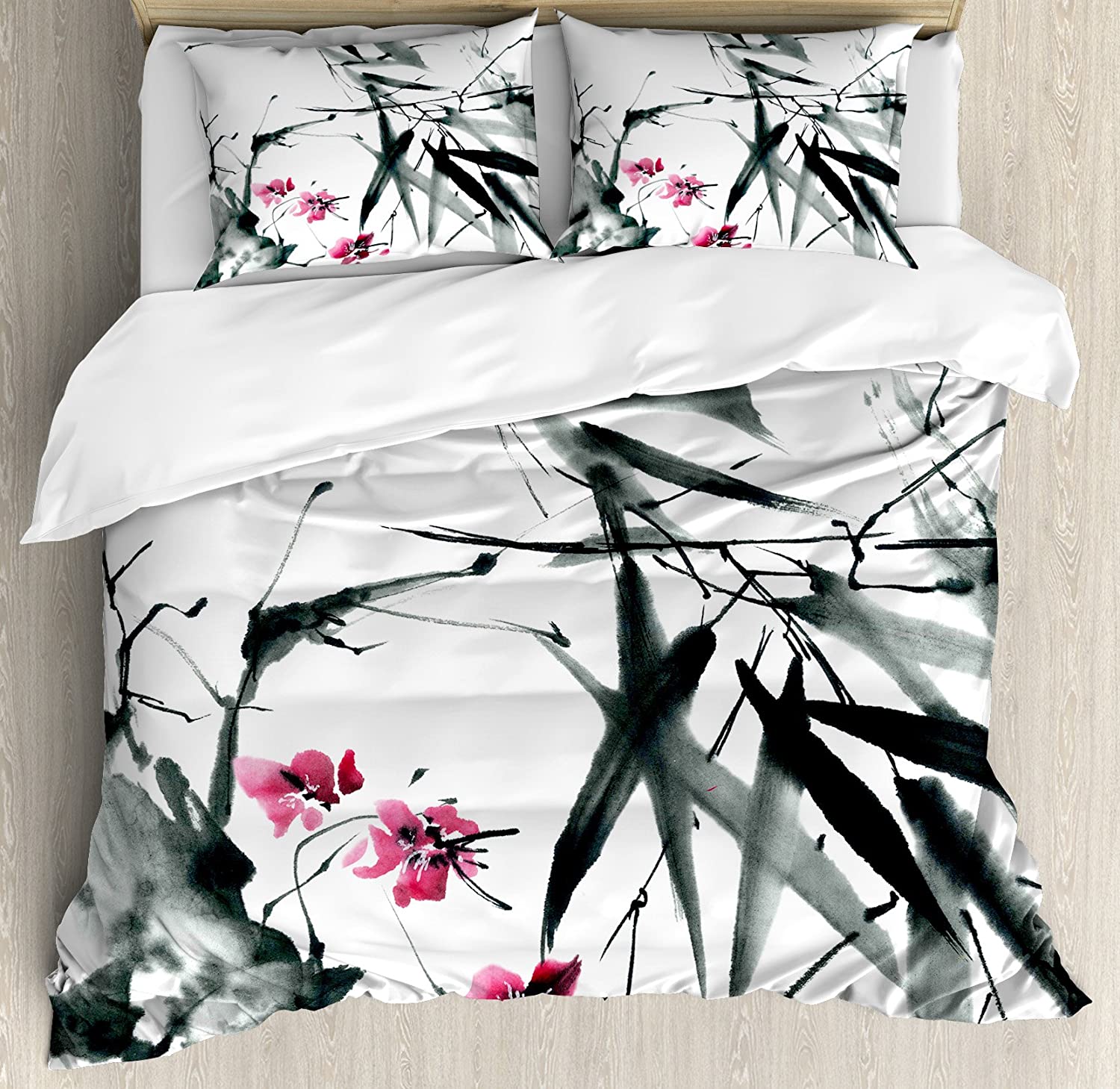Price:$89.95 Japanese Duvet Cover Set, Natural Bamboo Stems Cherry Blossom Japanese Inspired Folk Print, Decorative 3 Piece Bedding Set with 2 Pillow Shams, King Size, Green Fuchsia : Home & Kitchen