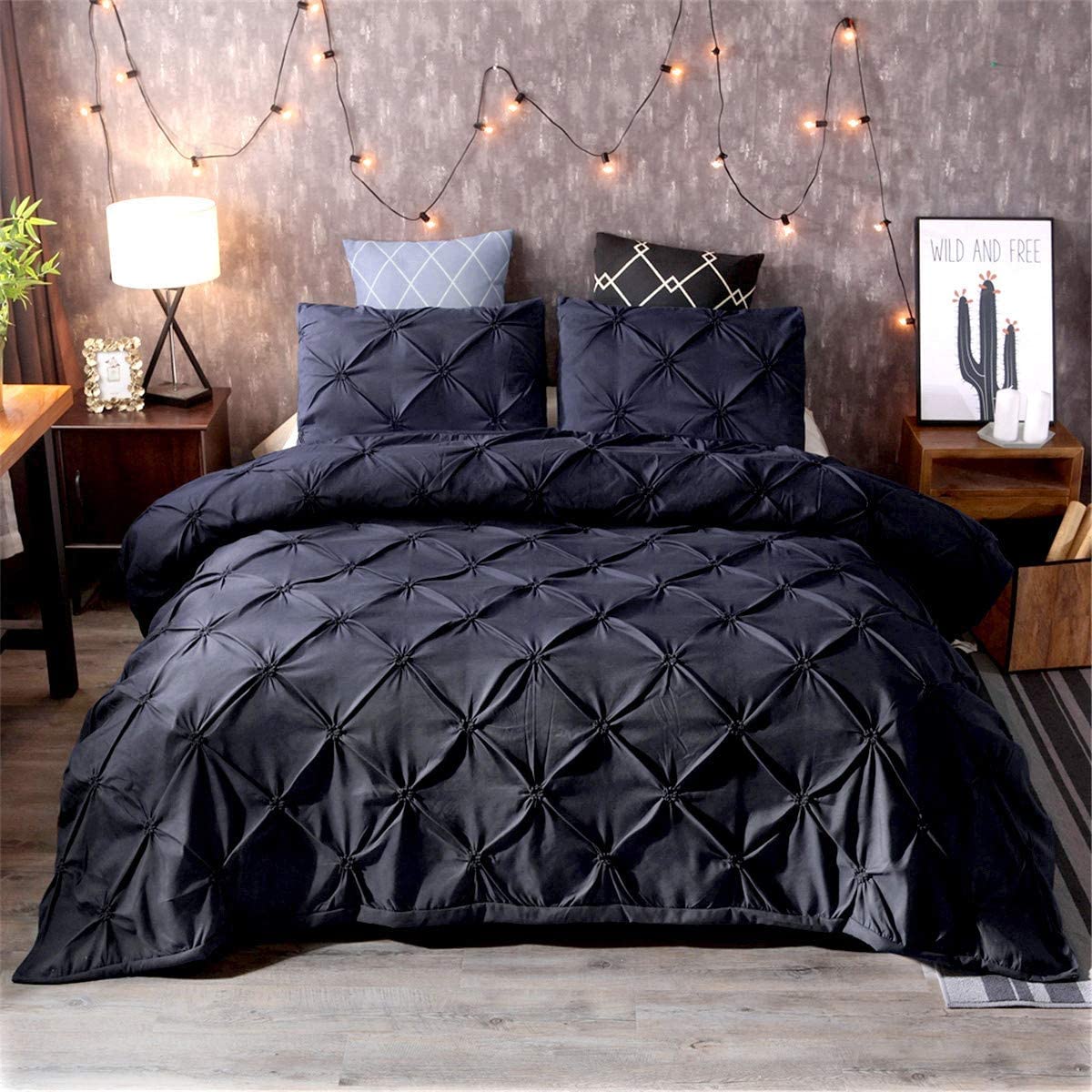 Price:$32.99 Pieces Black Pinch Pleat Duvet Cover Set King Size 100% Soft Microfiber Pintuck Comforter Set with 2 Pillowcases Bedding Set King Size 90"x103" (Not Comforter) : Home & Kitchen