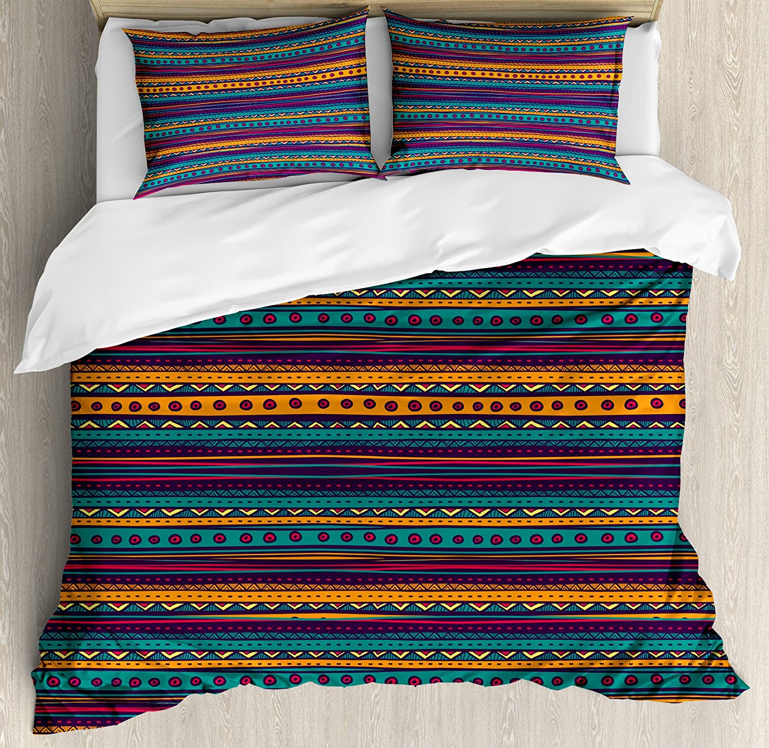 Price:$89.95 Tribal Duvet Cover Set, Striped Retro Pattern with Rich Mexican Color Folkloric Print, Decorative 3 Piece Bedding Set with 2 Pillow Shams, King Size, Teal Plum : Home & Kitchen