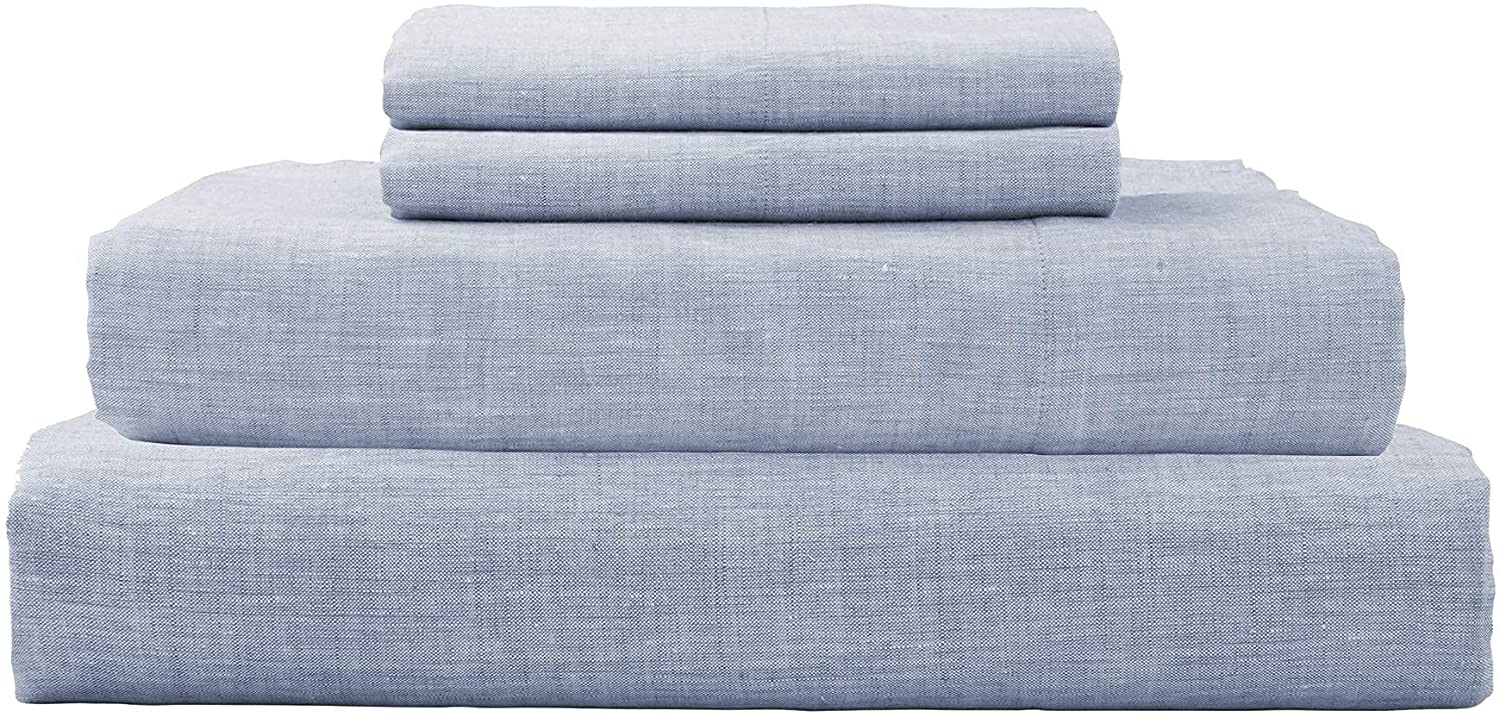 Price:$179.99 Pure Linen Sheets Set, 100% French Linen from Normandy, Breathable and Durable for Hot Sleepers, 4 Pcs Set - 1 Flat Sheet, 1 Fitted Sheet, 2 Pillowcases (Summer Sky, Queen) : Home & Kitchen
