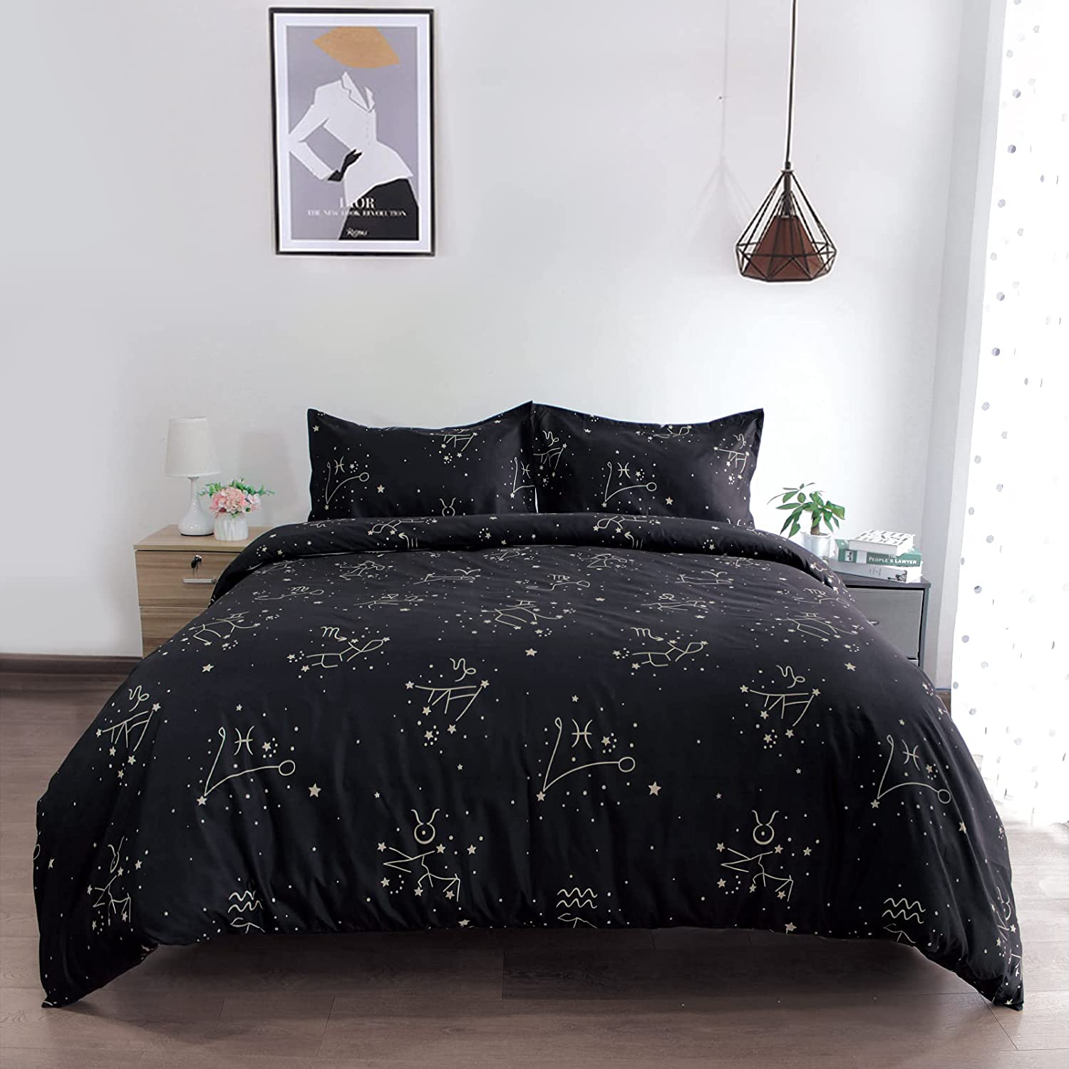 Price:$35.99 Black Zodiac Duvet Cover Set Galaxy Starry Sky Theme Bedding Set Luxury Soft Constellation Pattern Quilt Cover 3Pcs Twin Size : Home & Kitchen