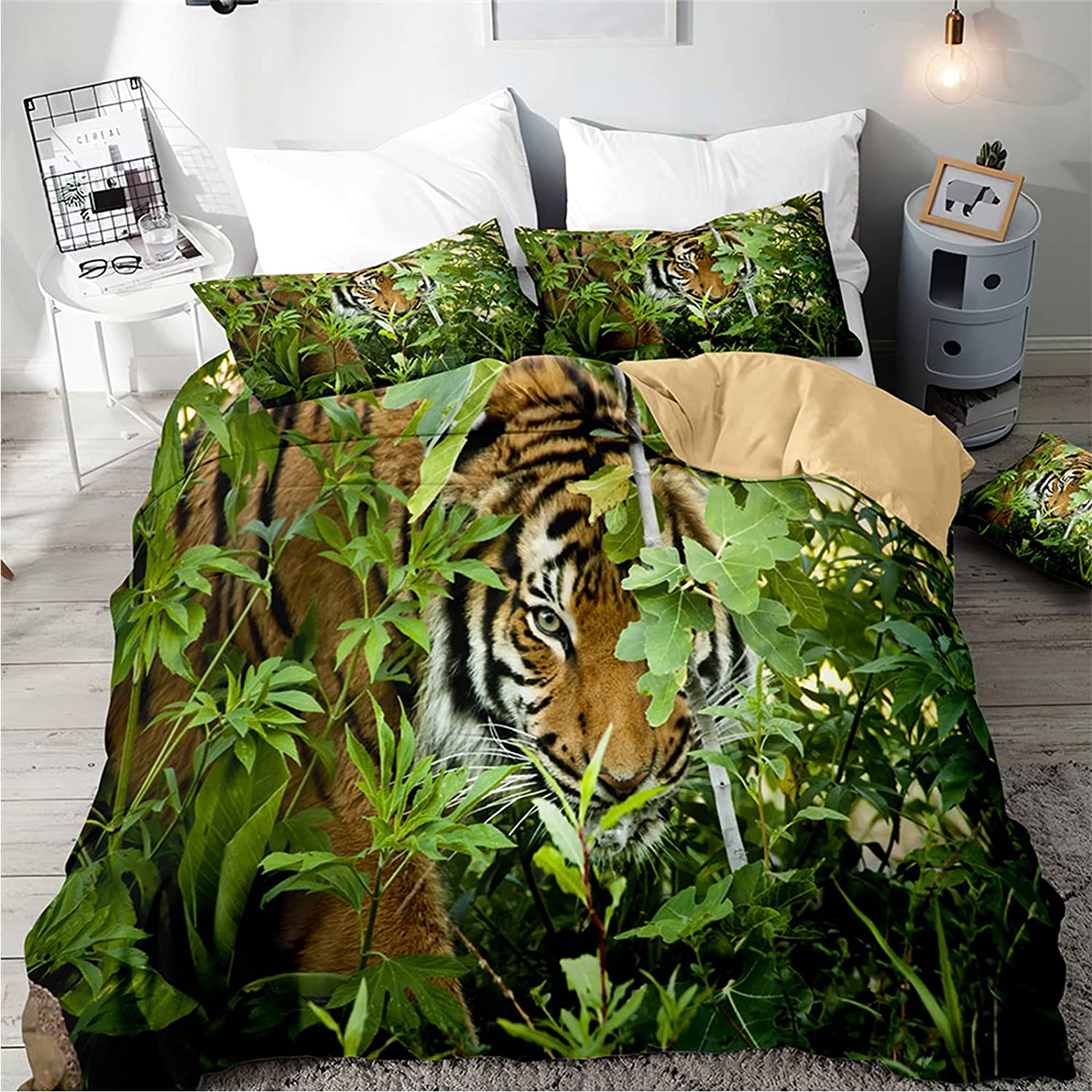 Price:$32.99 Tiger Duvet Cover Set, 3pcs Green Forest Wild Animal Tiger Bedding Set with 2 Pillowcase, Chickwin Printed Soft Microfiber Full Size Duvet Cover Set(Full-229200cm) : Home & Kitchen