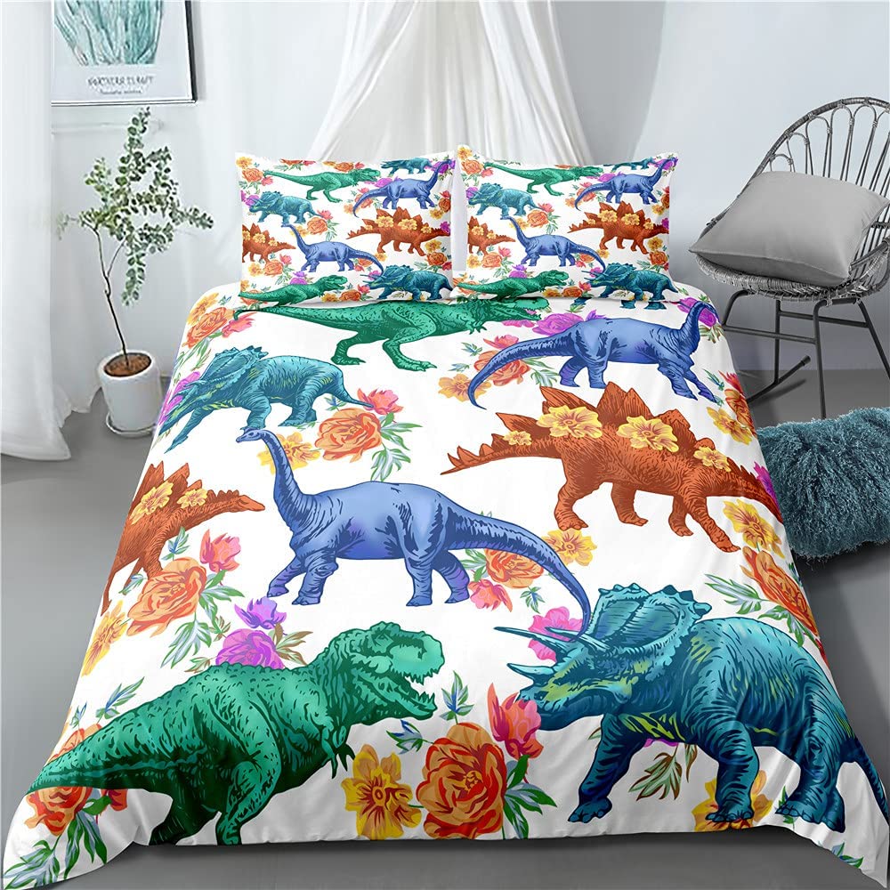 Price:$47.99 Jurassic Animal T-Rex Triceratops Boys Dinosaur Duvet Cover Queen Size Color Dinosaurs 3 Pcs Girly Flowers Bedding Set with 2 Pillowcases ,for Teens Boys Girls Adults : Home & Kitchen