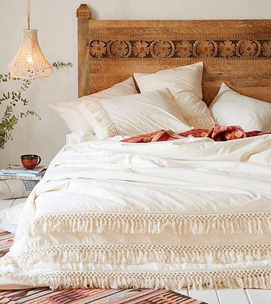 Price:$55.00 Eye Export 100 Percent Cotton Duvet Cover Set, Hidden Zipper Closure, Ultra Soft, Durable and Fade Resistant Tassel White (White, Double/Queen Size 86 x 90 Inches (204 x 218 cm.)) : Home & Kitchen