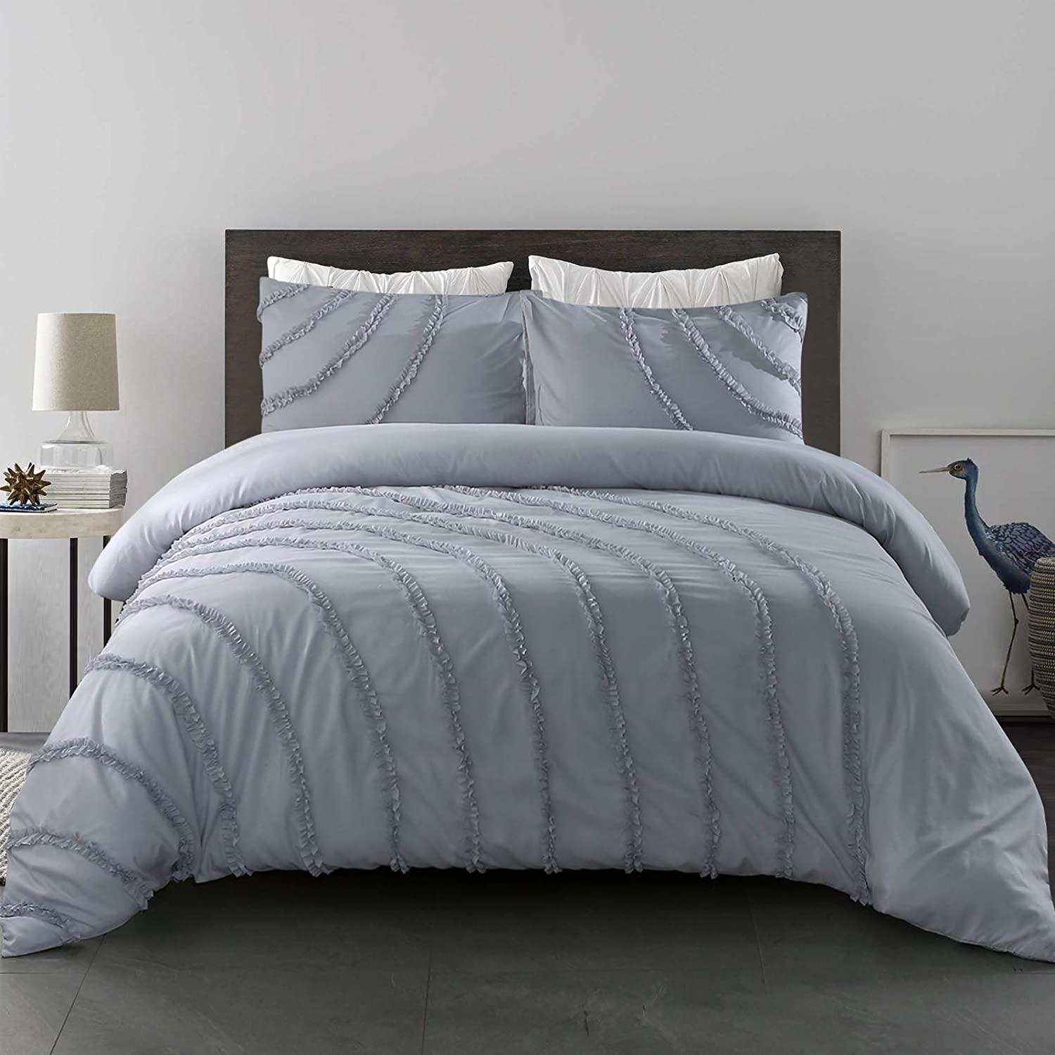 Price:$34.90 Cover Set 3pcs：1 Cover and 2 Pillowcases,Made of Solid Color Polyester,with Wavy Decorative Border，Comfortable and Good Looking,King Size,Gray : Home & Kitchen