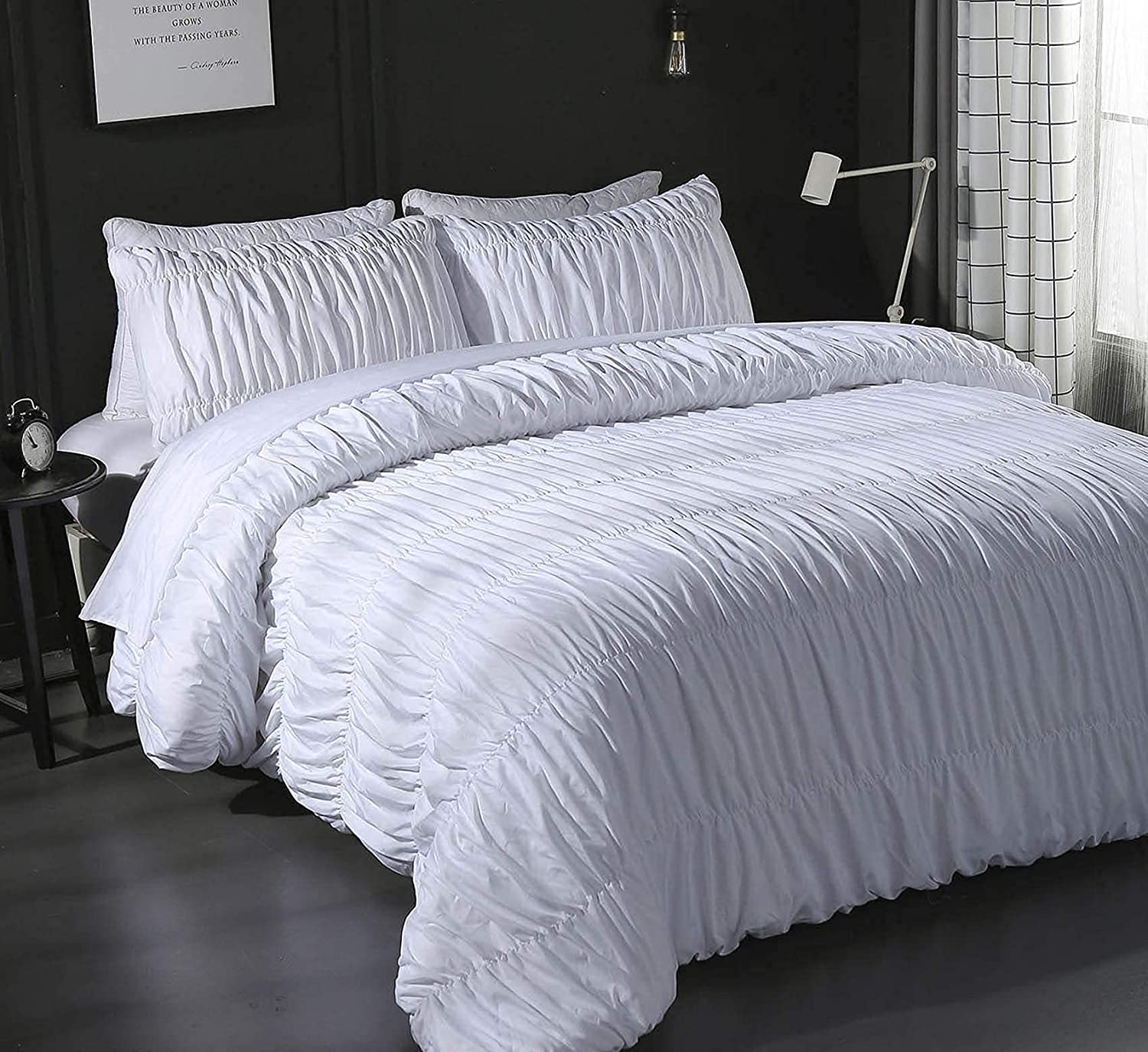 Price:$35.99 White Duvet Cover Set 3 Pieces King Size Luxury Pleated Ruffle Bedding Sets Soft Lightweight Duvet Covers with Zipper Closure and Corner Ties : Home & Kitchen