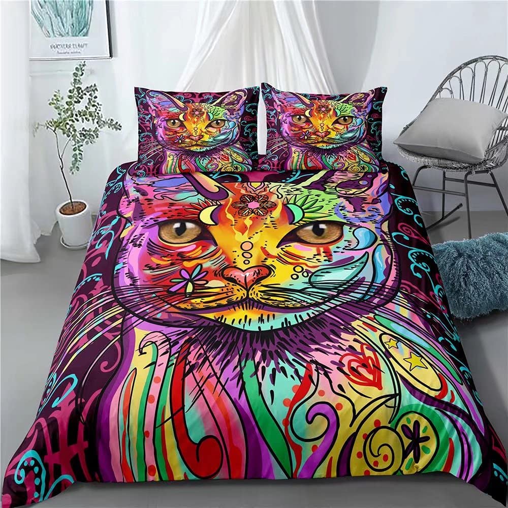 Price:$47.99 Colorful cat Bedding Set Animal Duvet Cover and Pillow Cases Teen Boy and Girl Nature Wildlife Creature Bed Set 3 Pieces Colorful cat Bedspread Colorful cat1-01F : Home & Kitchen