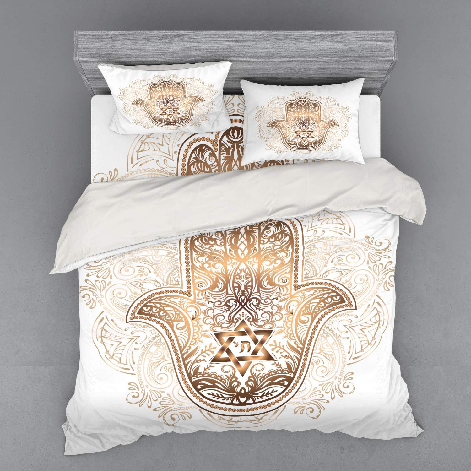 Price:$99.95 Hamsa Bedding Set, Eastern Timeless 6 Pointed Star with Flowers in Hand Motif Illustration, 4 Piece Duvet Cover Set with Shams and Fitted Sheet, King Size, Brown White : Home & Kitchen