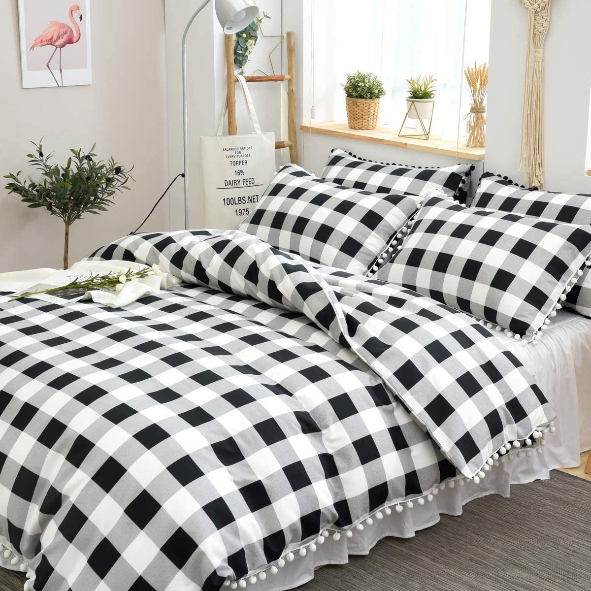 Price:$60.00 Pom Pom Fringed Duvet Cover Set Plaid Bedding Black and Luxury Modern Farmhouse Bedding Set for Adult Comforter Cover with Zipper and Ties 3 pcs 1 Duvet Cover + 2 Pillowcases Twin Grey : Home & Kitchen