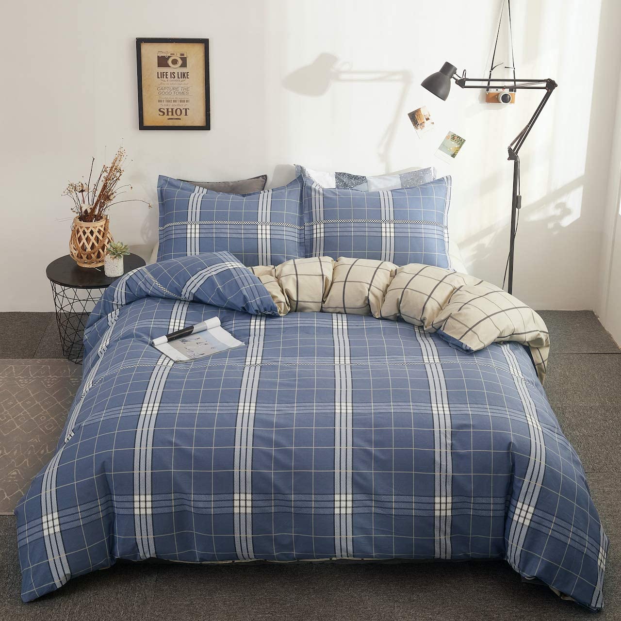 Price:$29.99 Plaid Striped Duvet Cover,2 Pieces 100% Cotton Buffalo Gingham Bedding Sets.Soft and Breathable with Zipper Closure & Corner Ties(Navy Blue,Twin) : Home & Kitchen