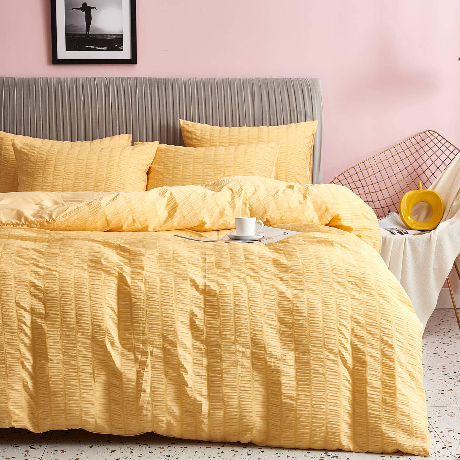 Price:$22.99 Duvet Cover Queen Size - 3 Pieces Thickened Seersucker Comforter Cover 100% Washed Microfiber Bedding Set with Zipper Closure & Corner Ties,Breathable & Wrinkle Free Duvet Cover Sets-Yellow : Home & Kitchen