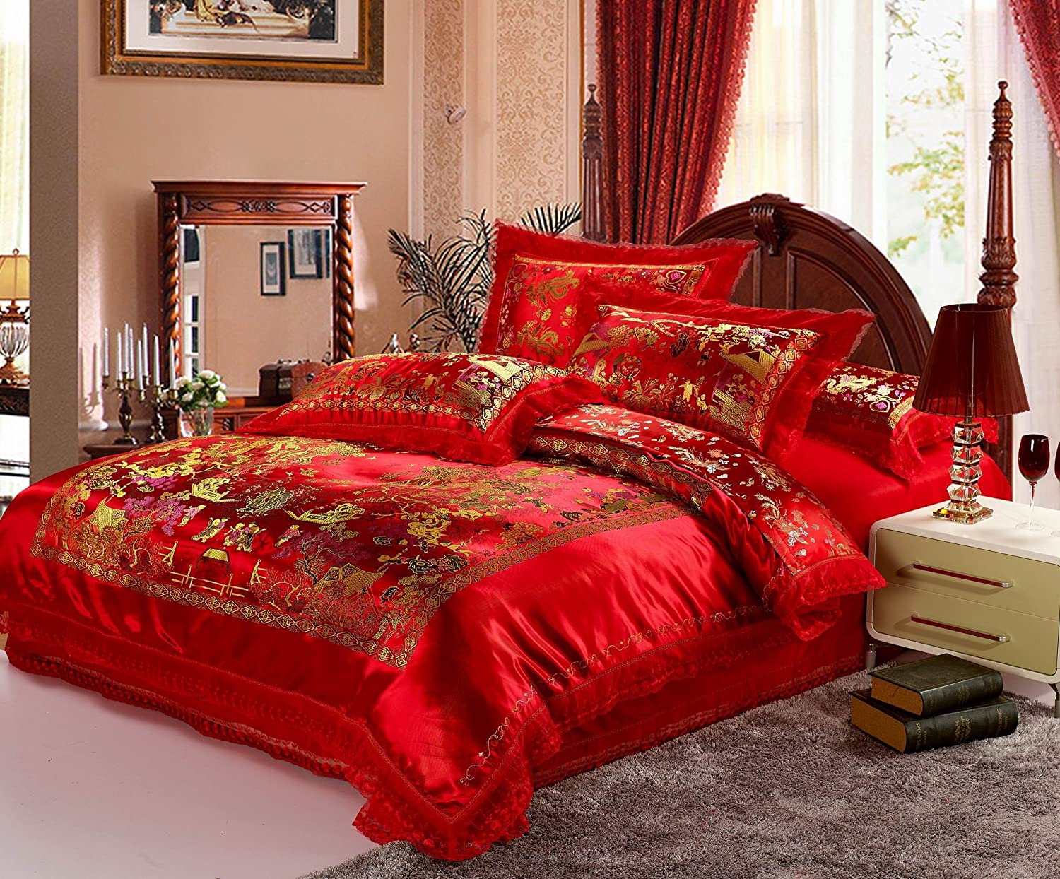 Price:$125.00 4pcs Wedding Bedding Sets Queen Size, Chinese Red Satin Lace Duvet Cover Set with Cotton Flat Sheet, Quit/Comforter Cover Sets, Luxury Gifts (Queen, style1) : Home & Kitchen
