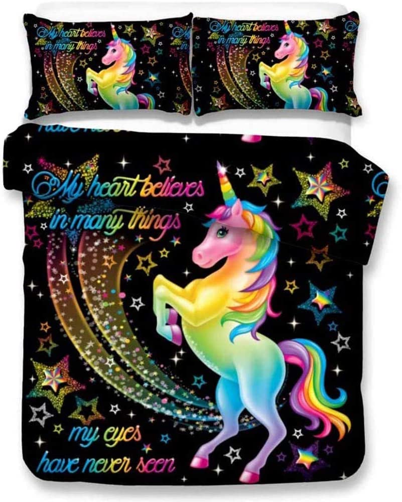 Price:$47.99 Black Unicorn Bedding Cartoon Stars Duvet Cover Set Colorful Rainbow Letters and Magical Unicorn Pattern Teens Kids Boys Girls Bedding Sets Queen 1 Duvet Cover 2 Pillowcases : Home & Kitchen