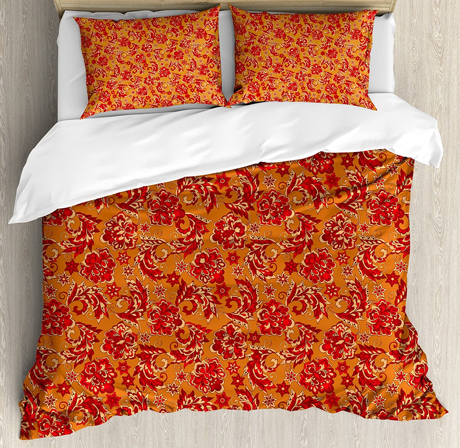 Price:$47.98 Batik Duvet Cover Set, Nostalgic Western European Medieval Renaissance Inspired Eastern Bohemian Pattern, Decorative 3 Piece Bedding Set with 2 Pillow Shams, Queen Size, Orange Red : Home & Kitchen